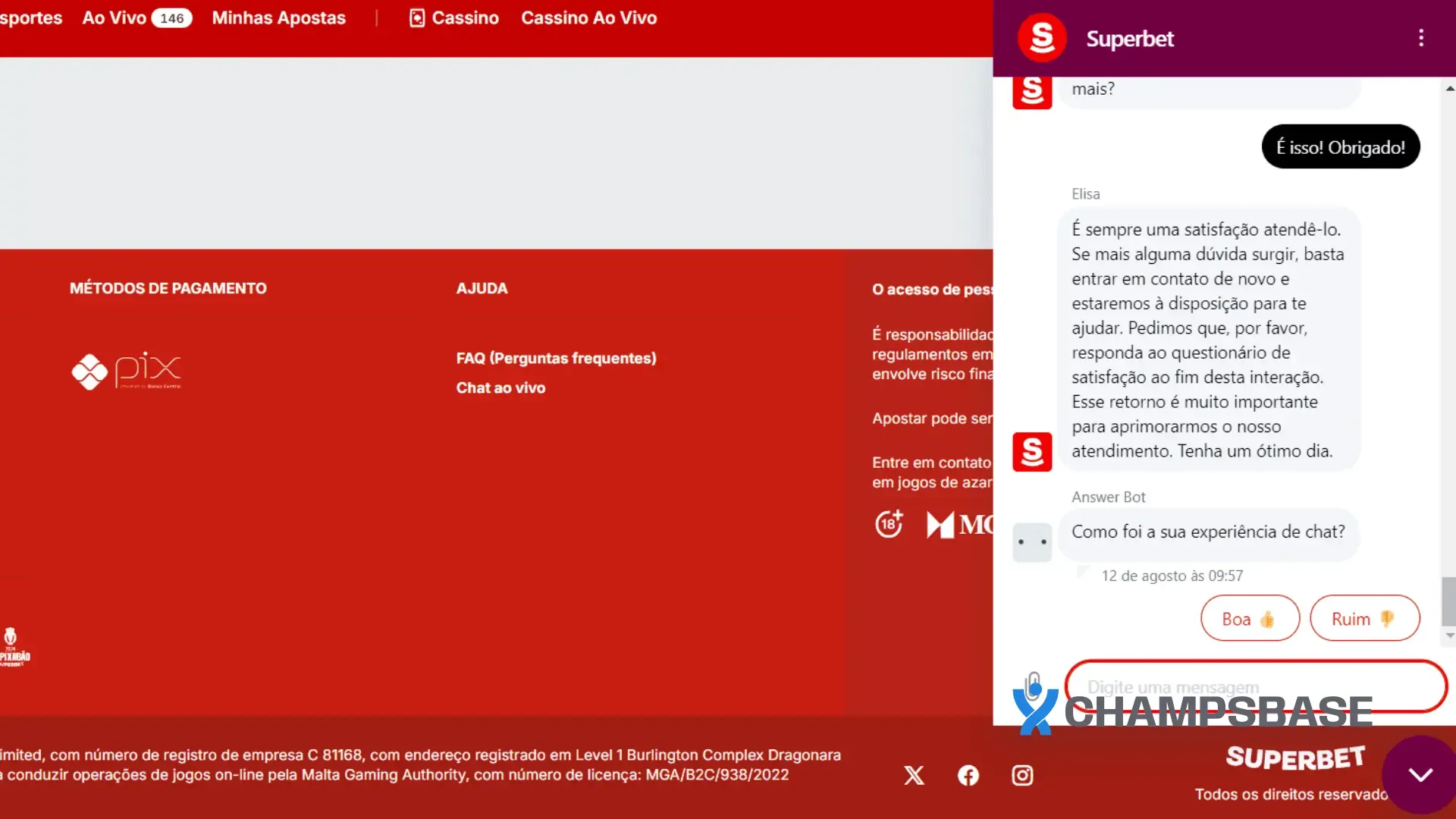 Página de atendimento no site da Superbet