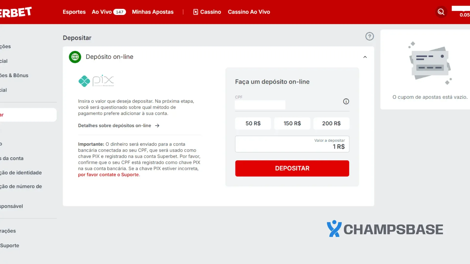 Página de depósito via Pix no Superbet