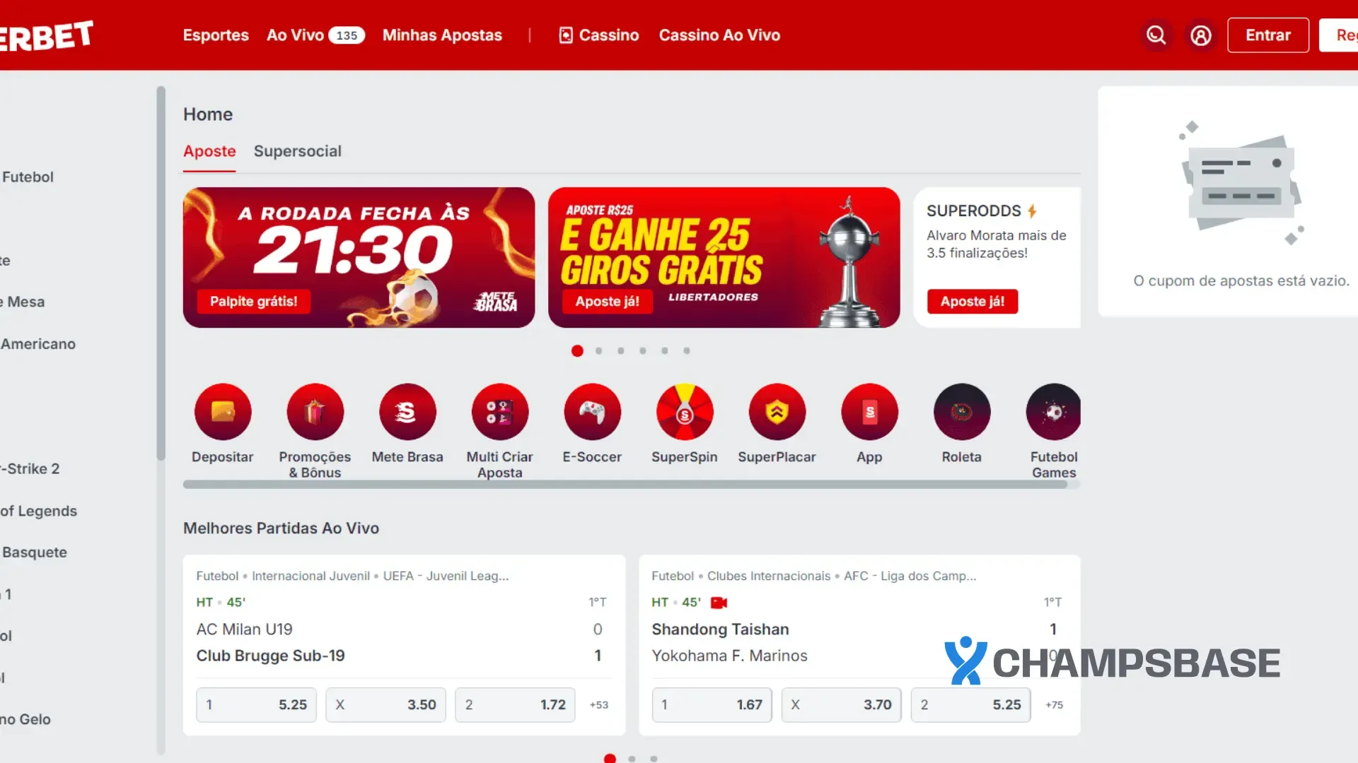 Homepage no site da Superbet