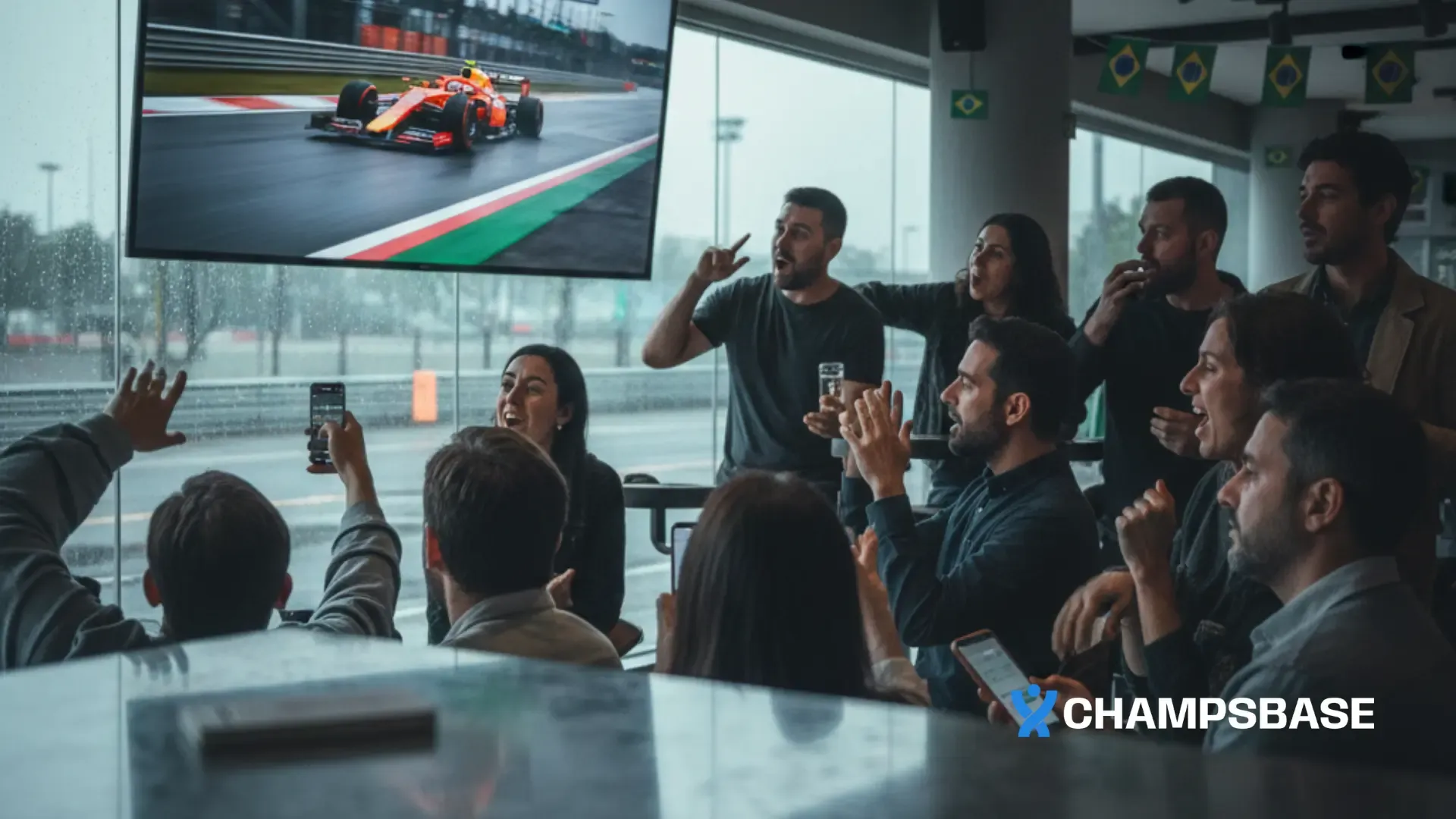 Amigos reunidos em um camarote de um autódromo apostam no grande prêmio por meio do recurso de apostas ao vivo