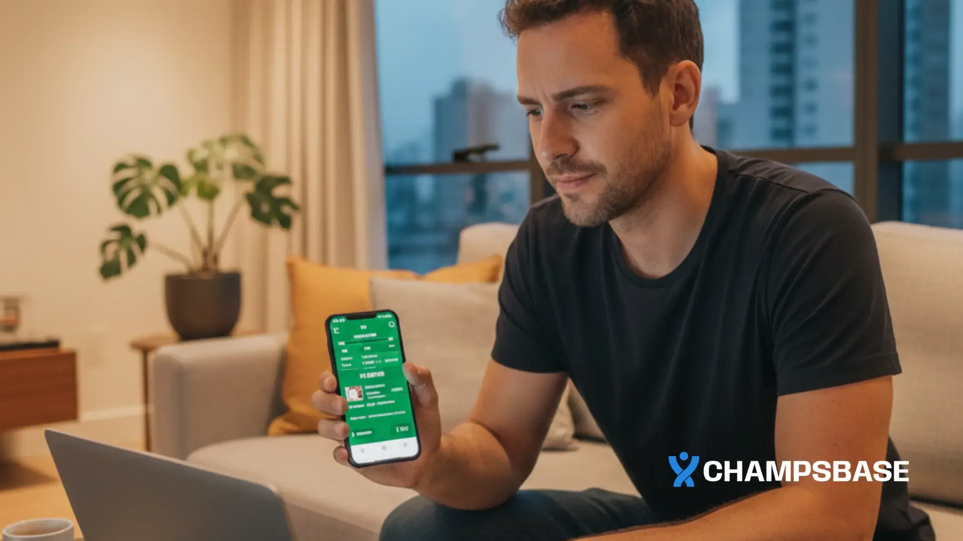 Homem analisar os impostos devidos ao mostrar os ganhos em apostas esportivas no seu celular