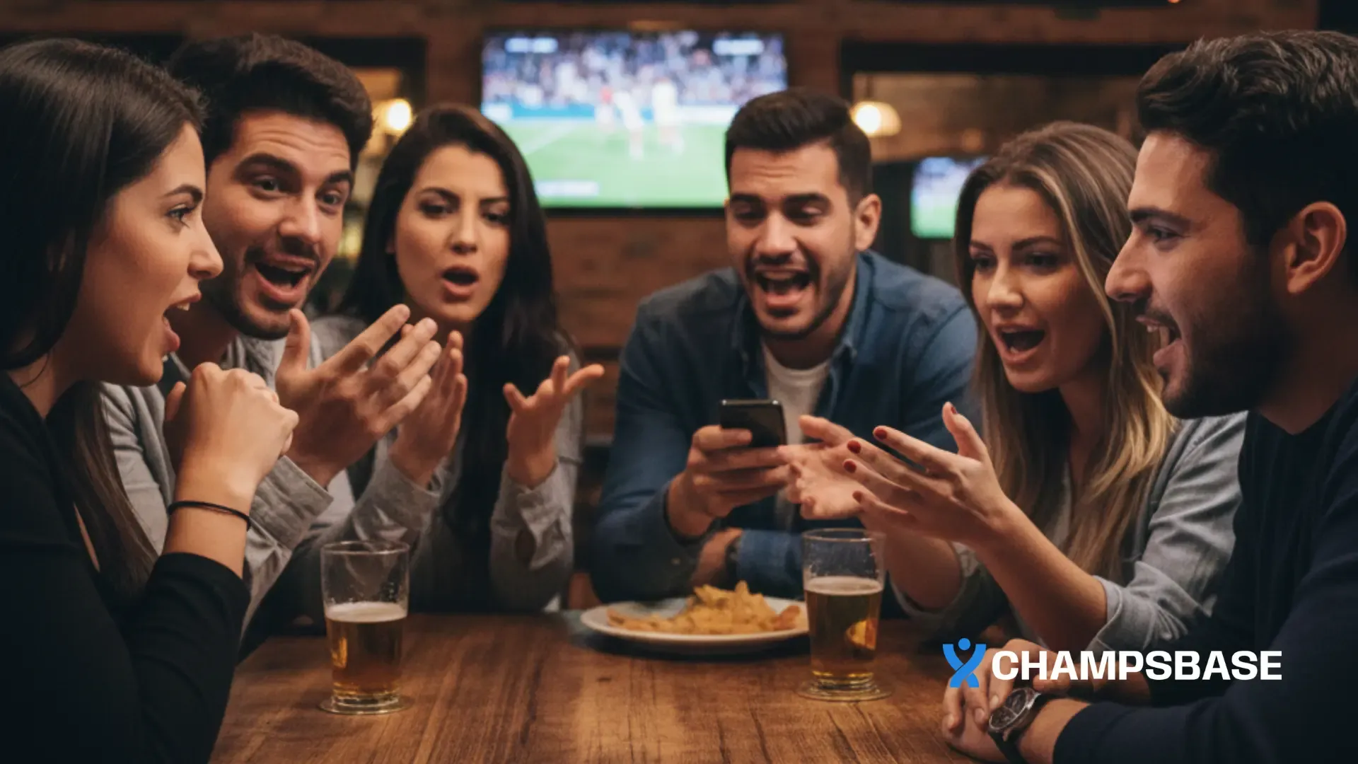 Amigos se divertem com as possibilidades de mercados de apostar enquanto uma partida de futebol rola ao fundo, na TV