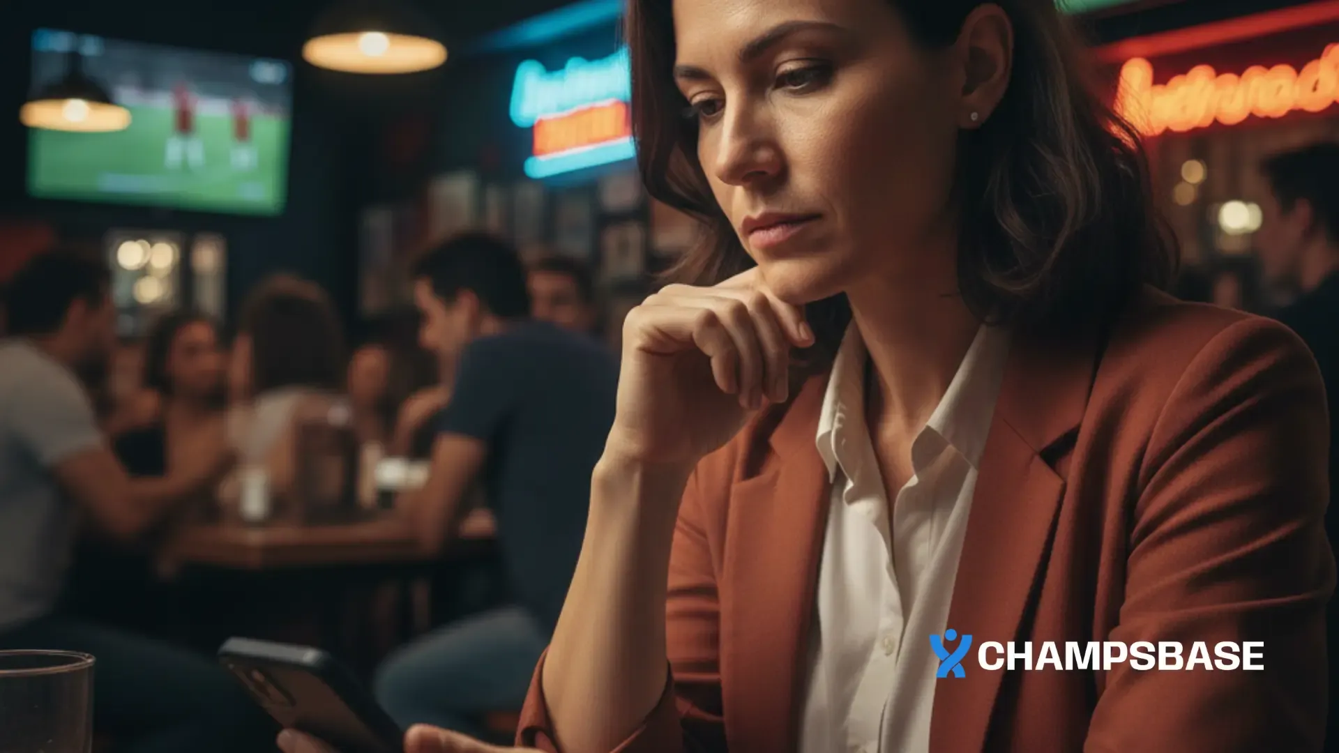 Em um bar, mulher analisa as odds de um jogo enquanto pondera se vale a pena apostar em um jogo de futebol
