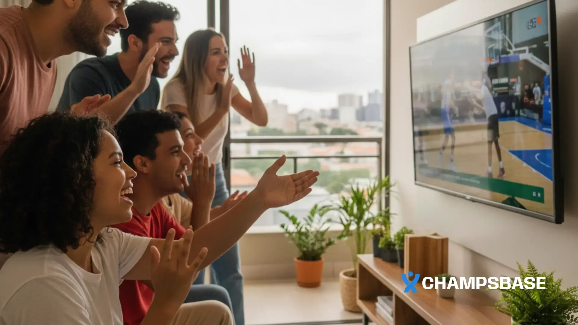 Amigos reunidos vibrando com jogo de basquete enquanto acompanham apostas ao vivo pelo smartphone.