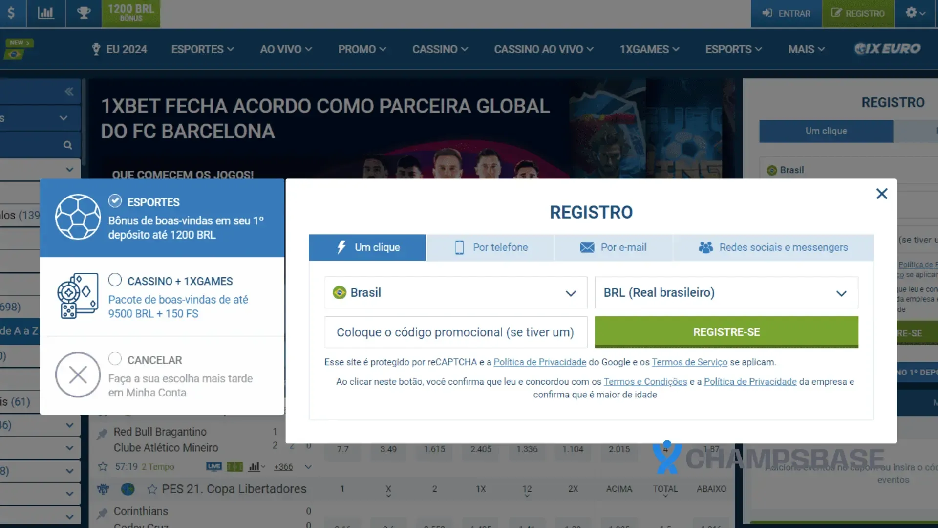 Página de registro no site da 1xBet