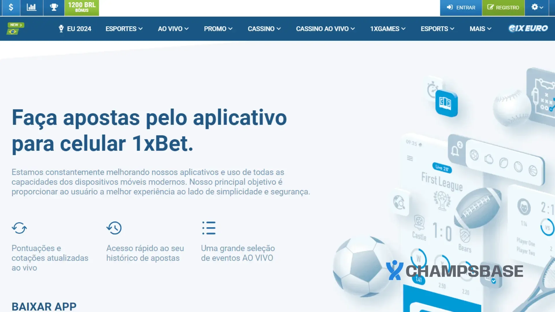 Página de app no site da 1xBet