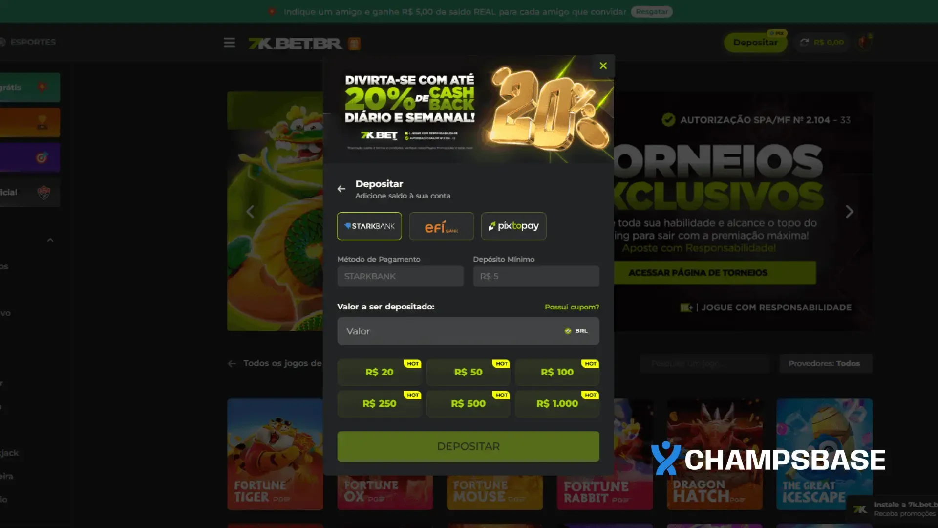 Página de depósito via Pix no site da 7KBet