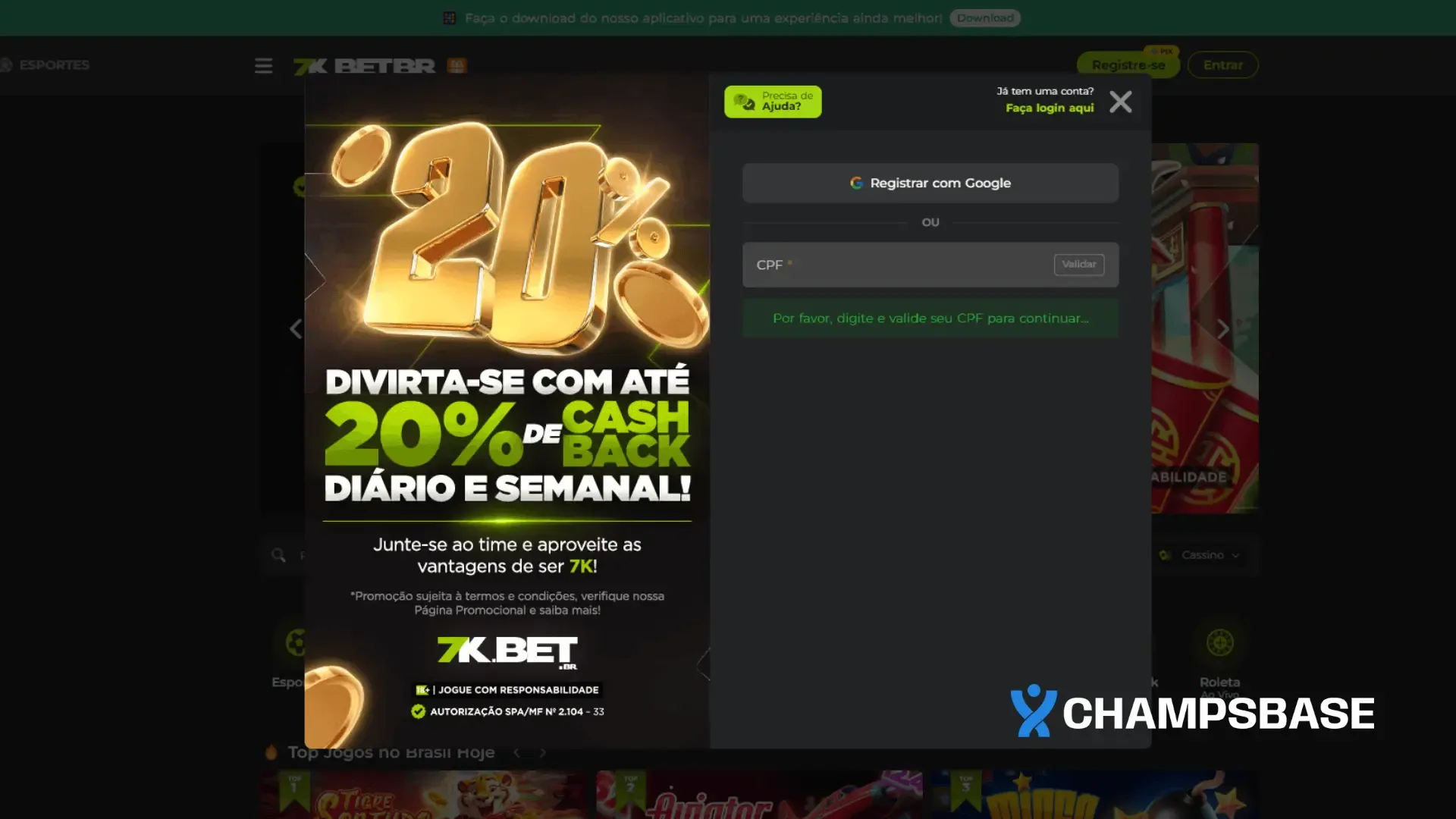 Página de registro no site da 7KBet