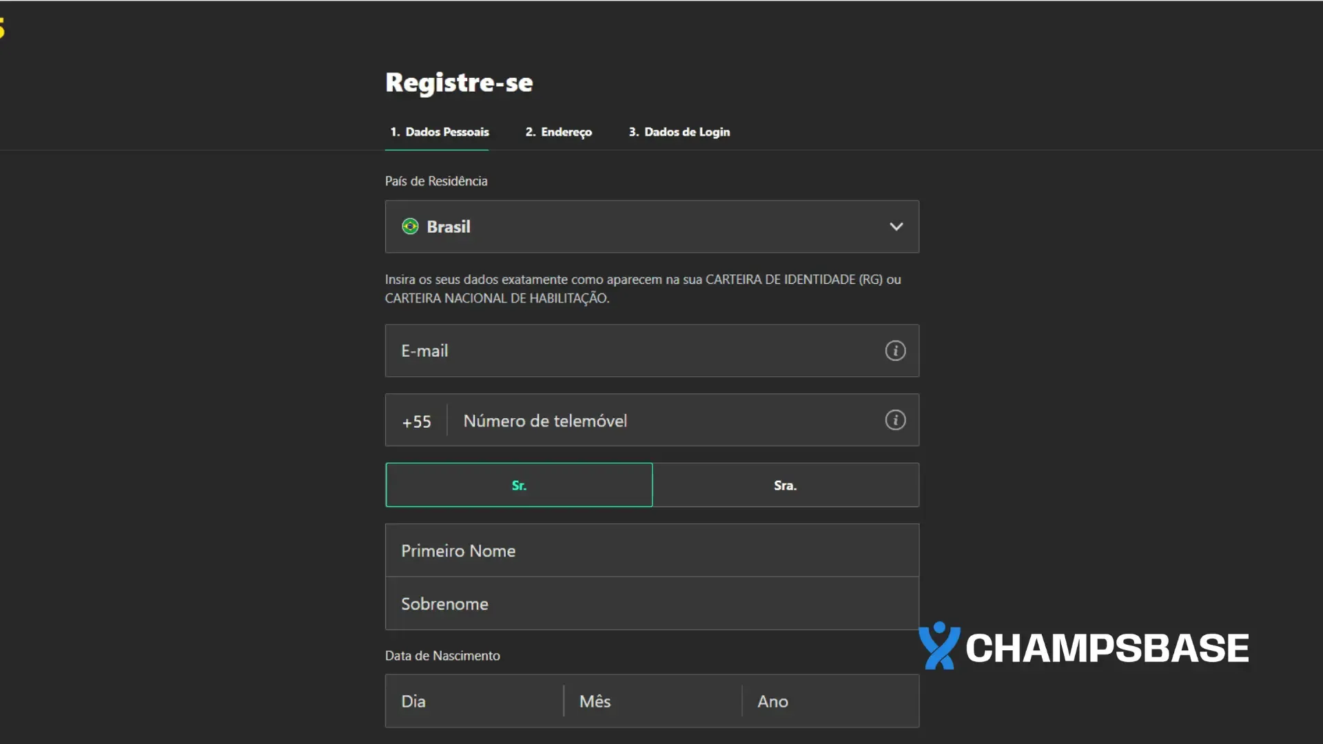 Página de registro no site da bet365