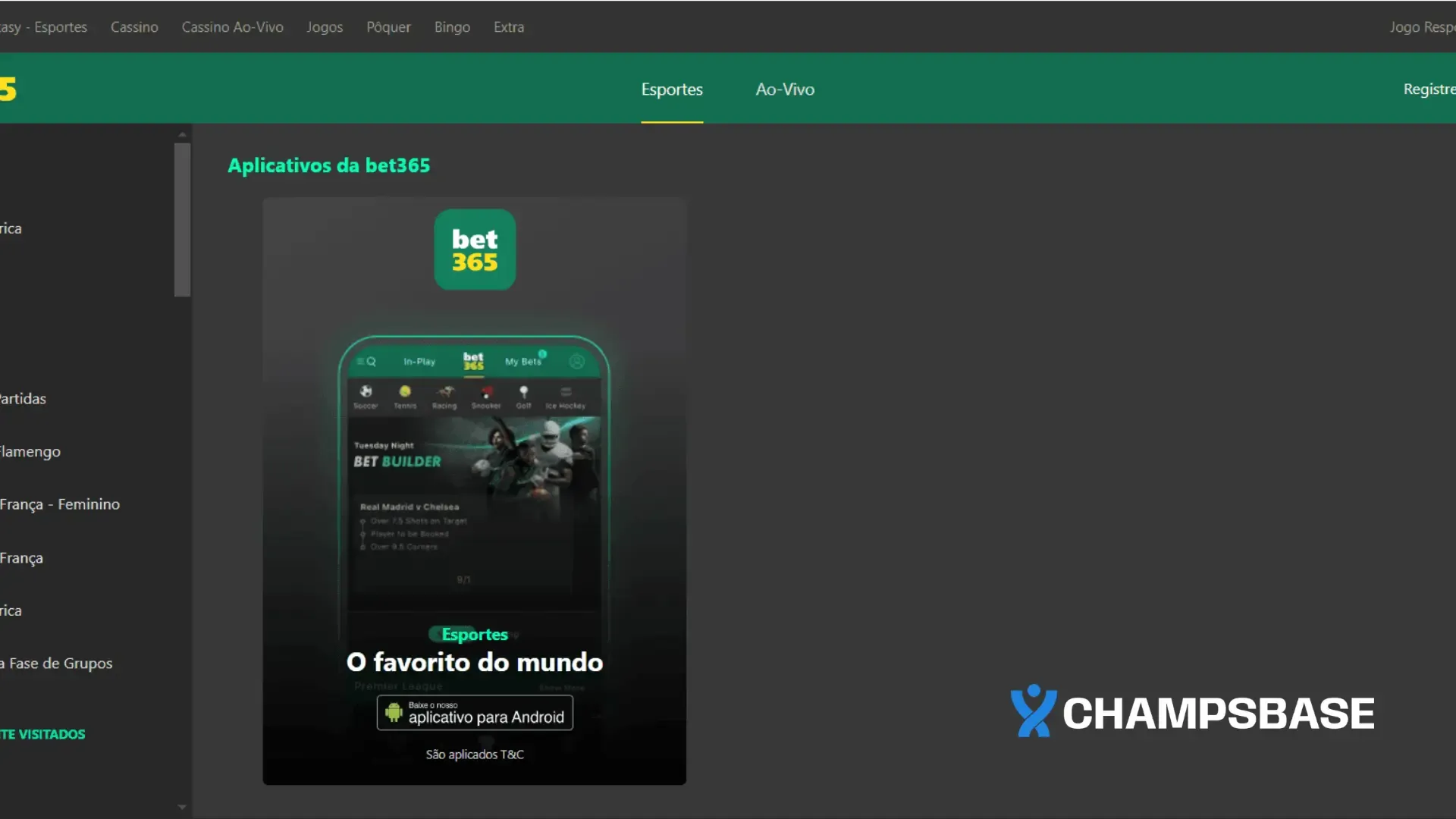 Página para baixar o app da bet365 no próprio site da casa de apostas esportivas