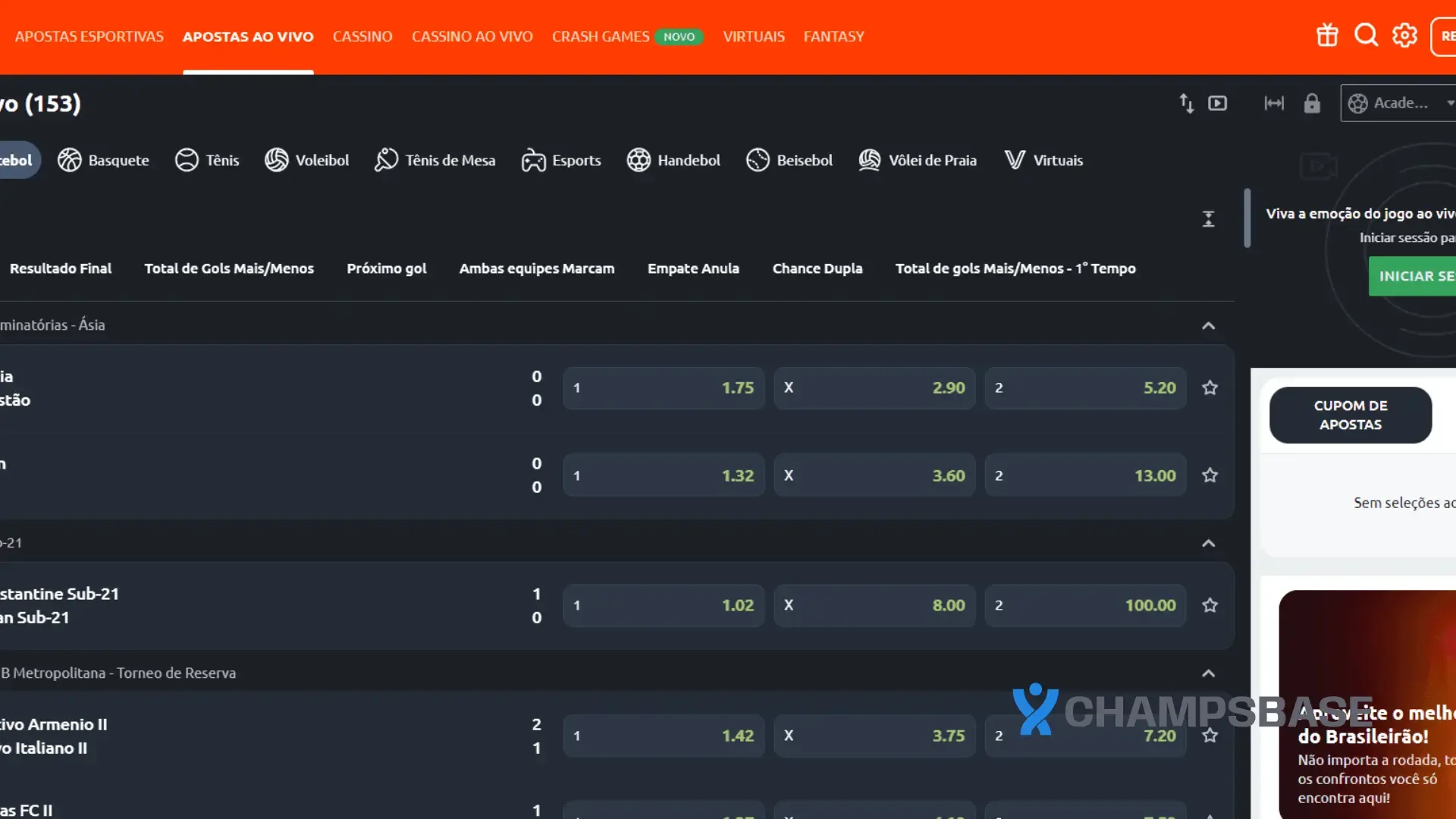 Página de apostas ao vivo no site da Betano