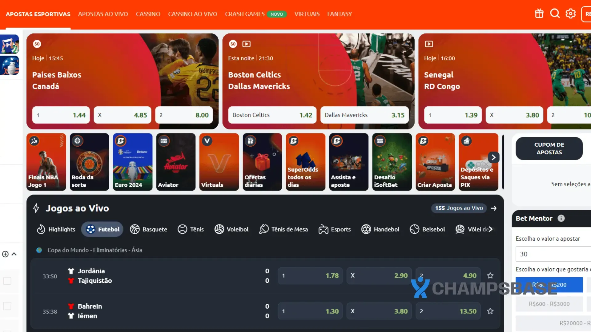 Página de apostas esportivas no site da Betano
