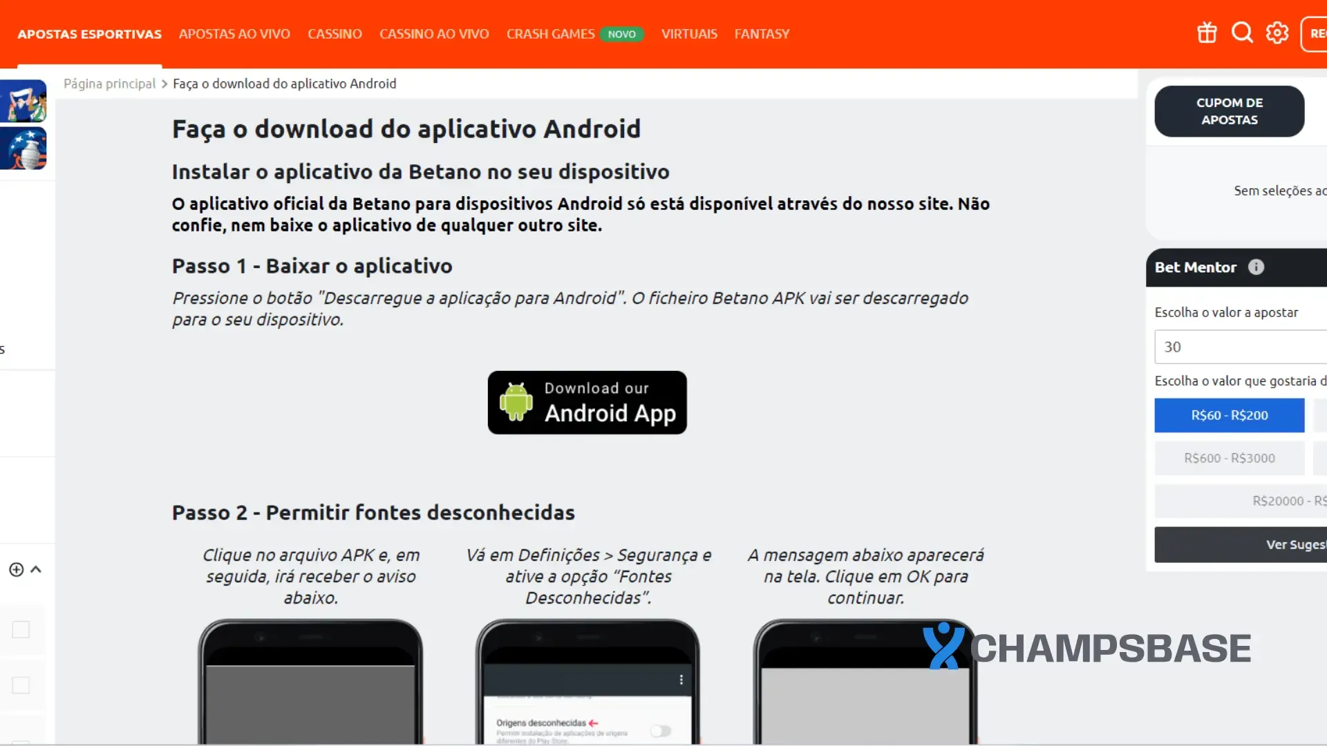 Página de app da Betano no próprio site da casa de apostas esportivas