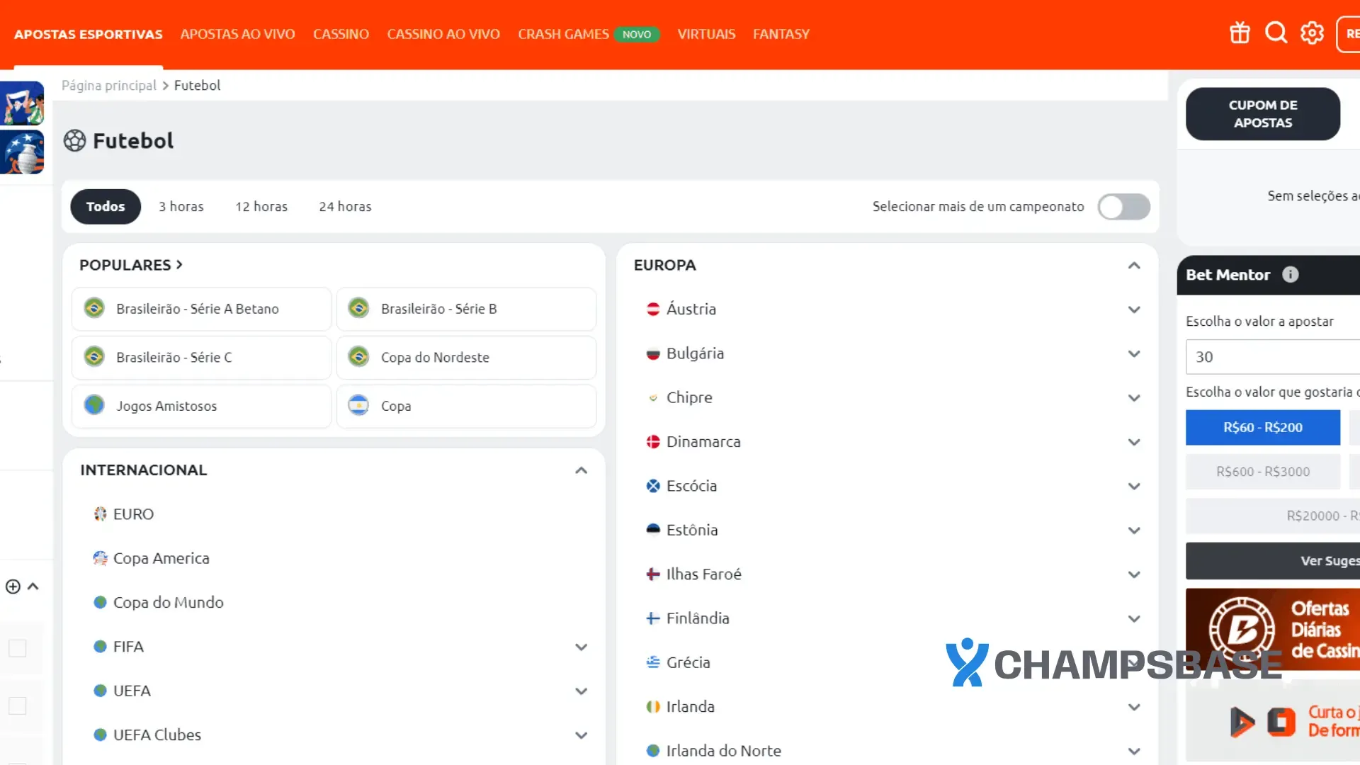 Página de jogos de futebol no site da Betano