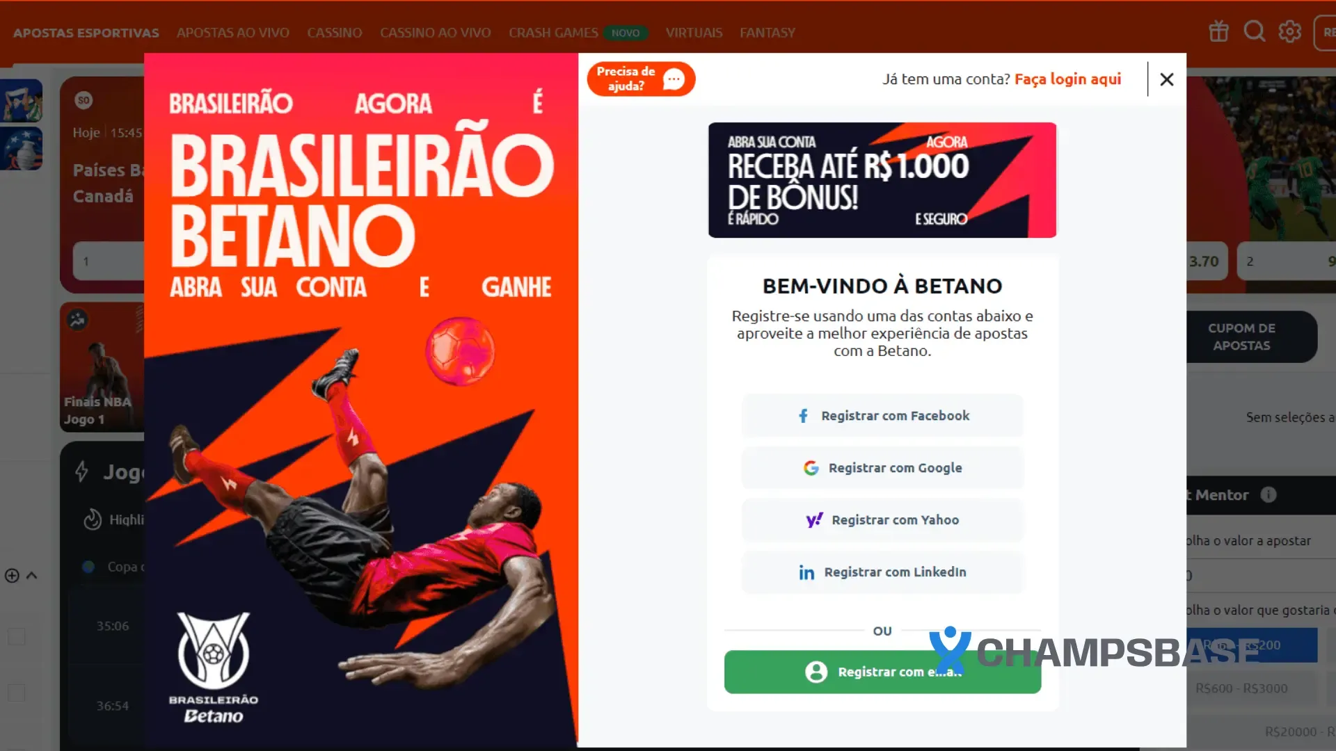 Página de registro no site da Betano