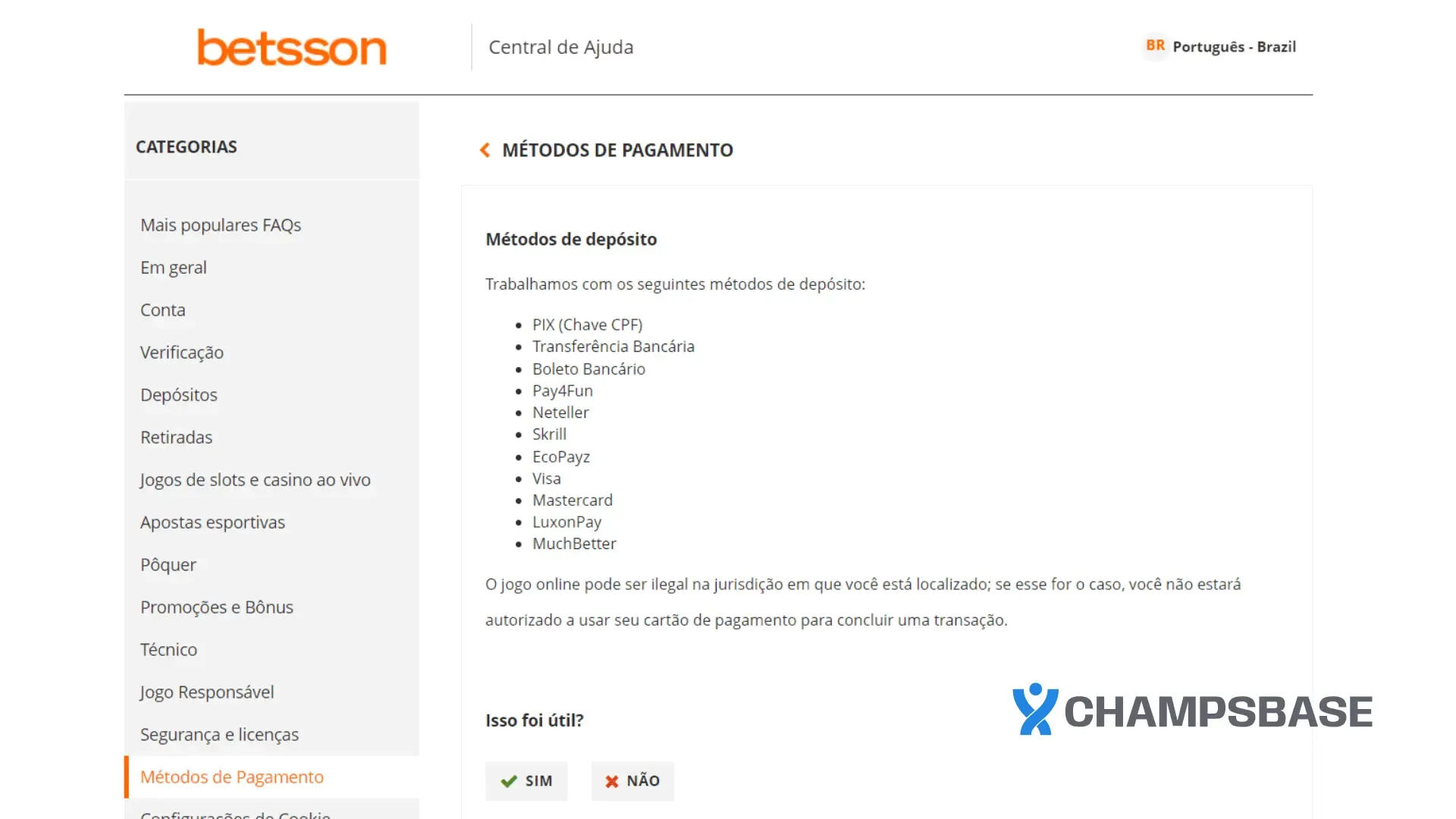 Página de pagamentos do site da Betsson