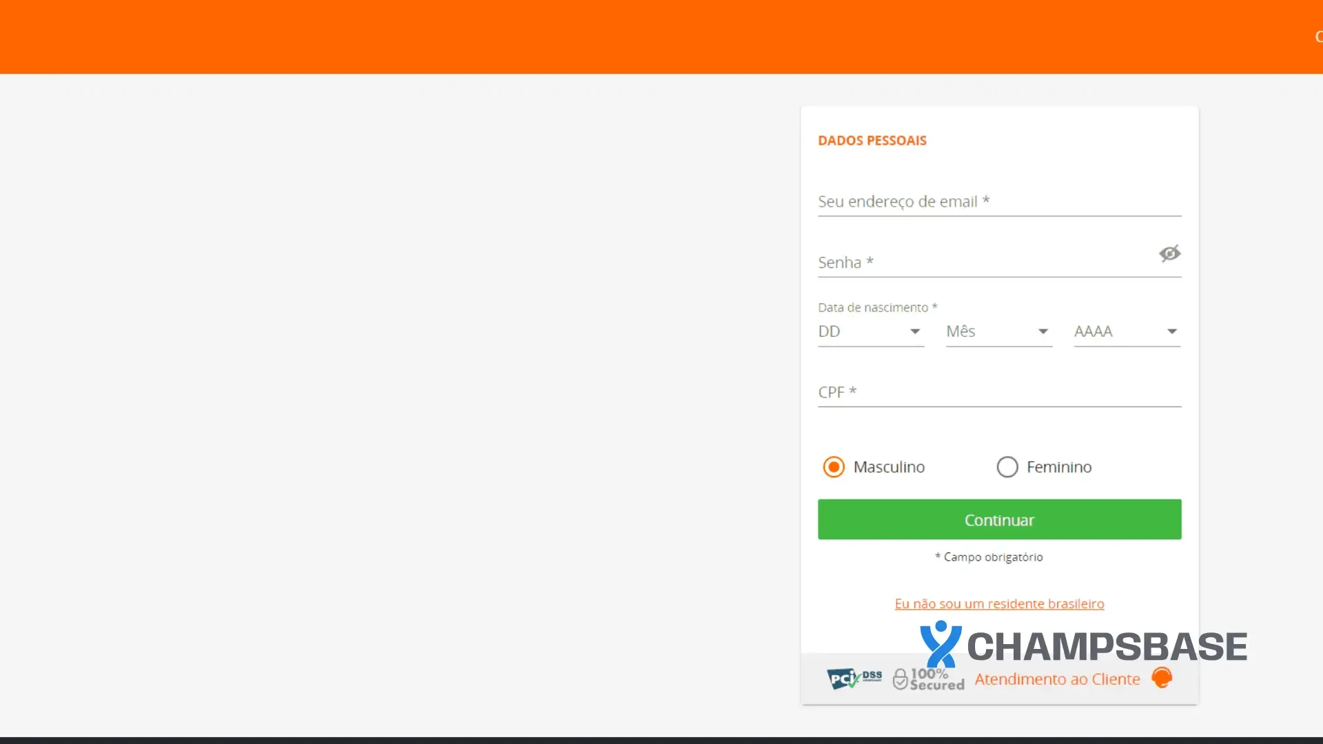 Página de registro no site da Betsson
