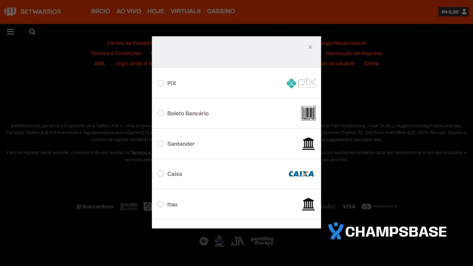 Página de depósito no site da Betwarrior