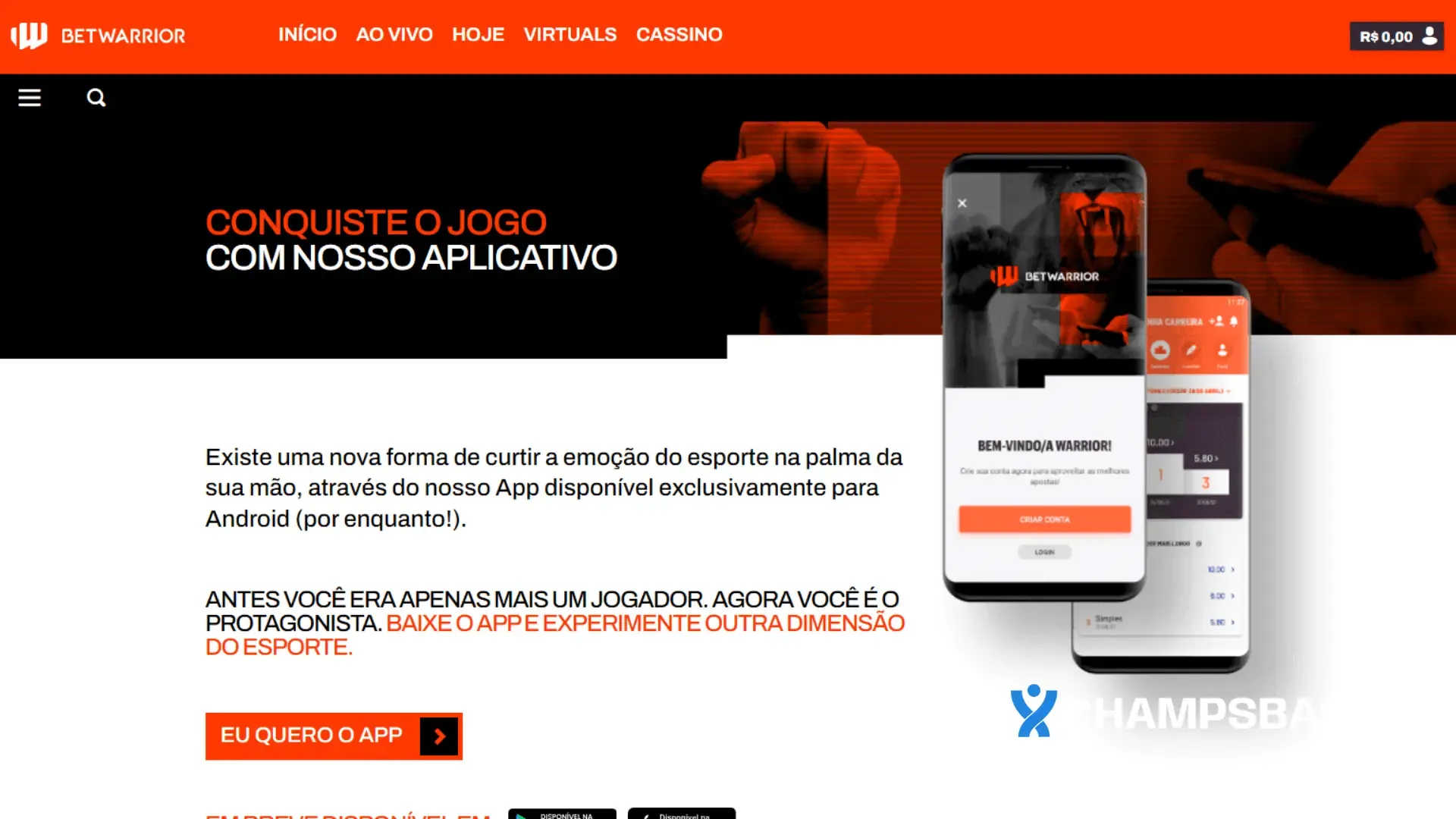 Página de app no site da Betwarrior