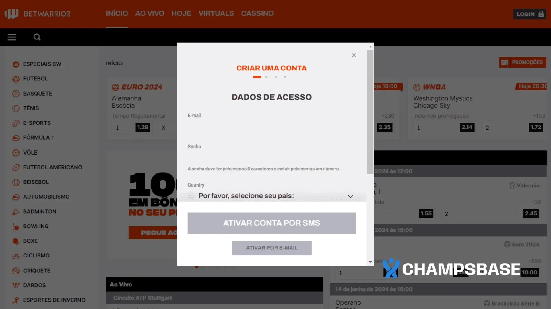Página de registro no site da Betwarrior