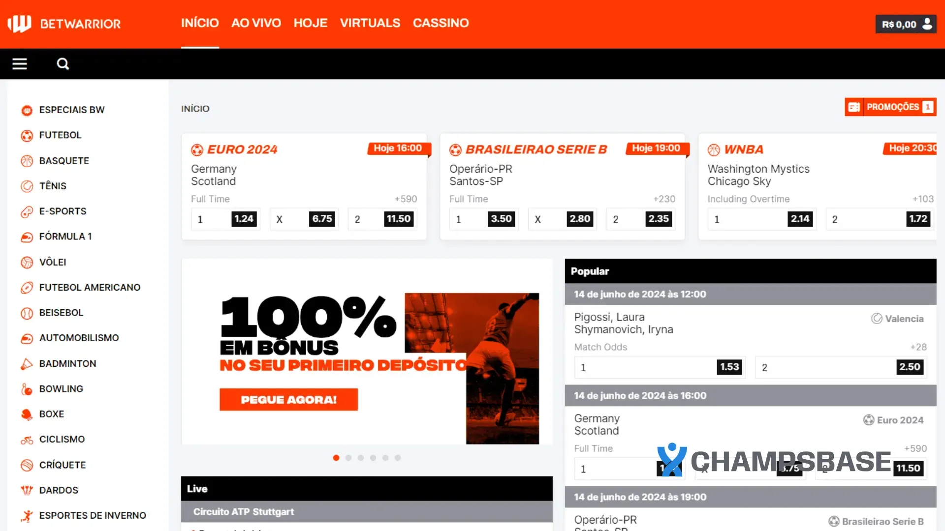 Homepage do site da Betwarrior