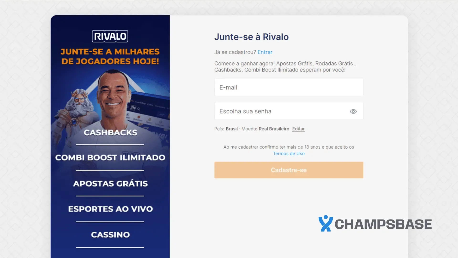Página de registro no site da Rivalo