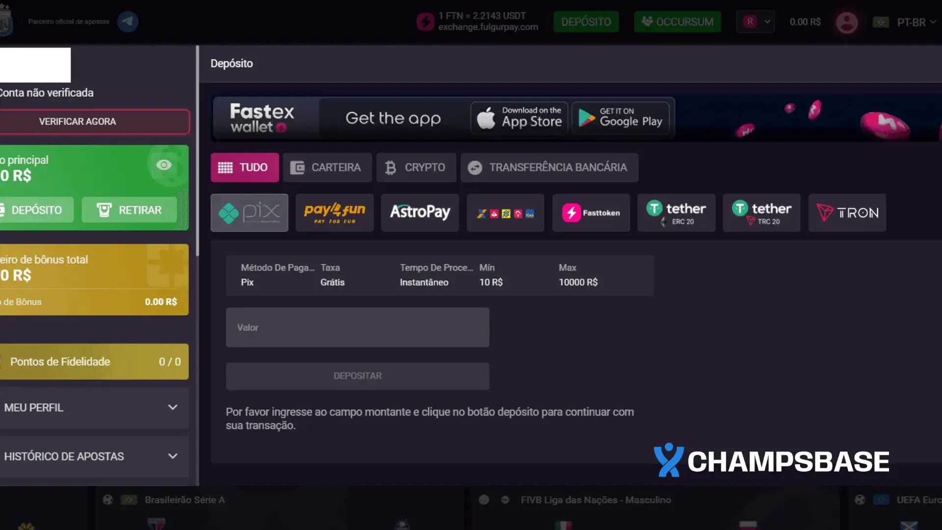 Página de depósito no site da Vbet