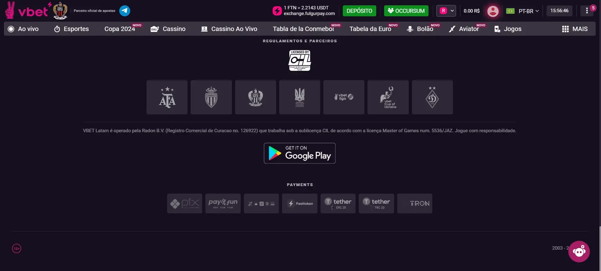 Página de app no site da Vbet