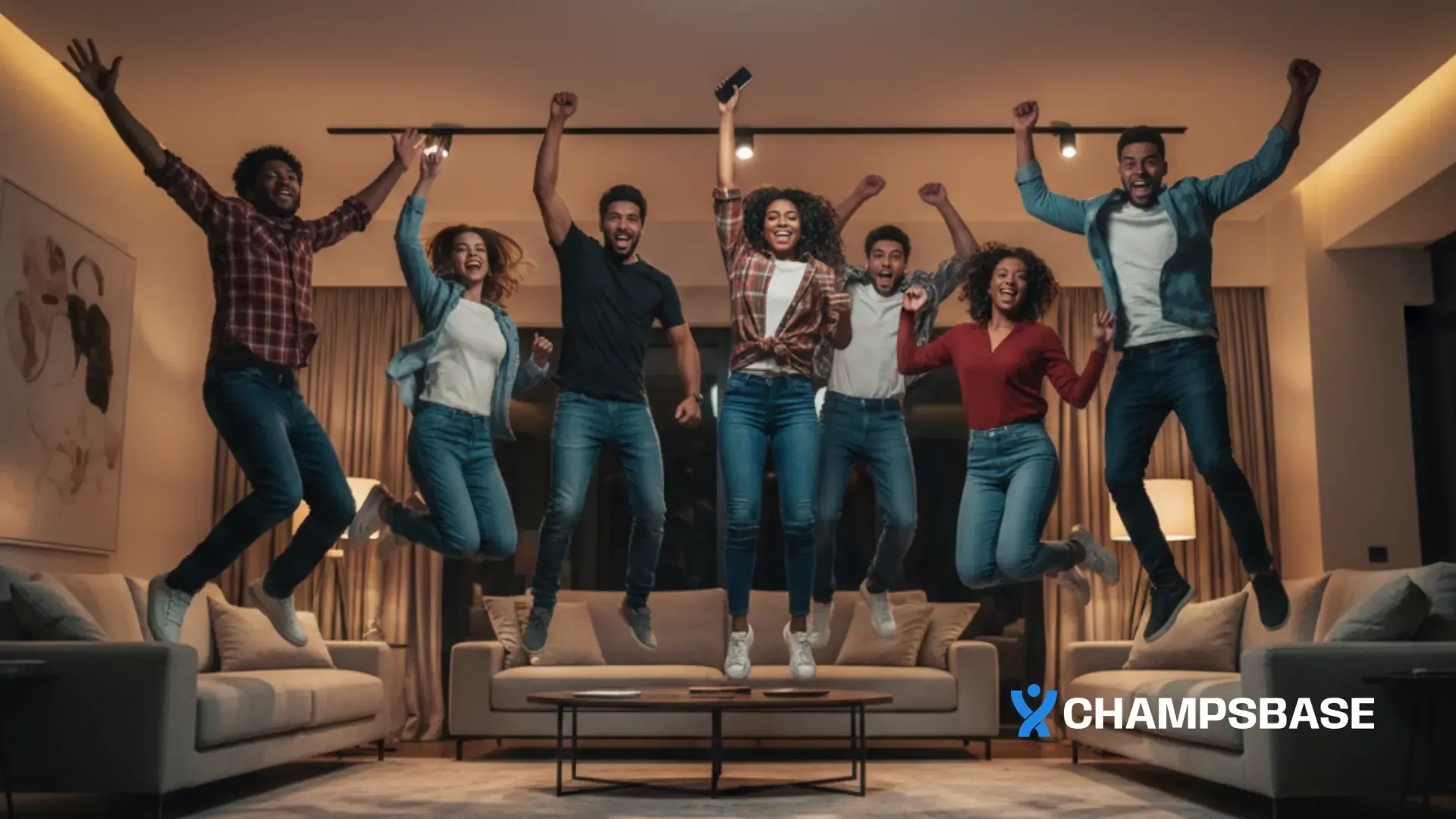 Grupo diverso de amigos brasileiros comemorando animadamente em sala moderna, energia positiva e espontânea.