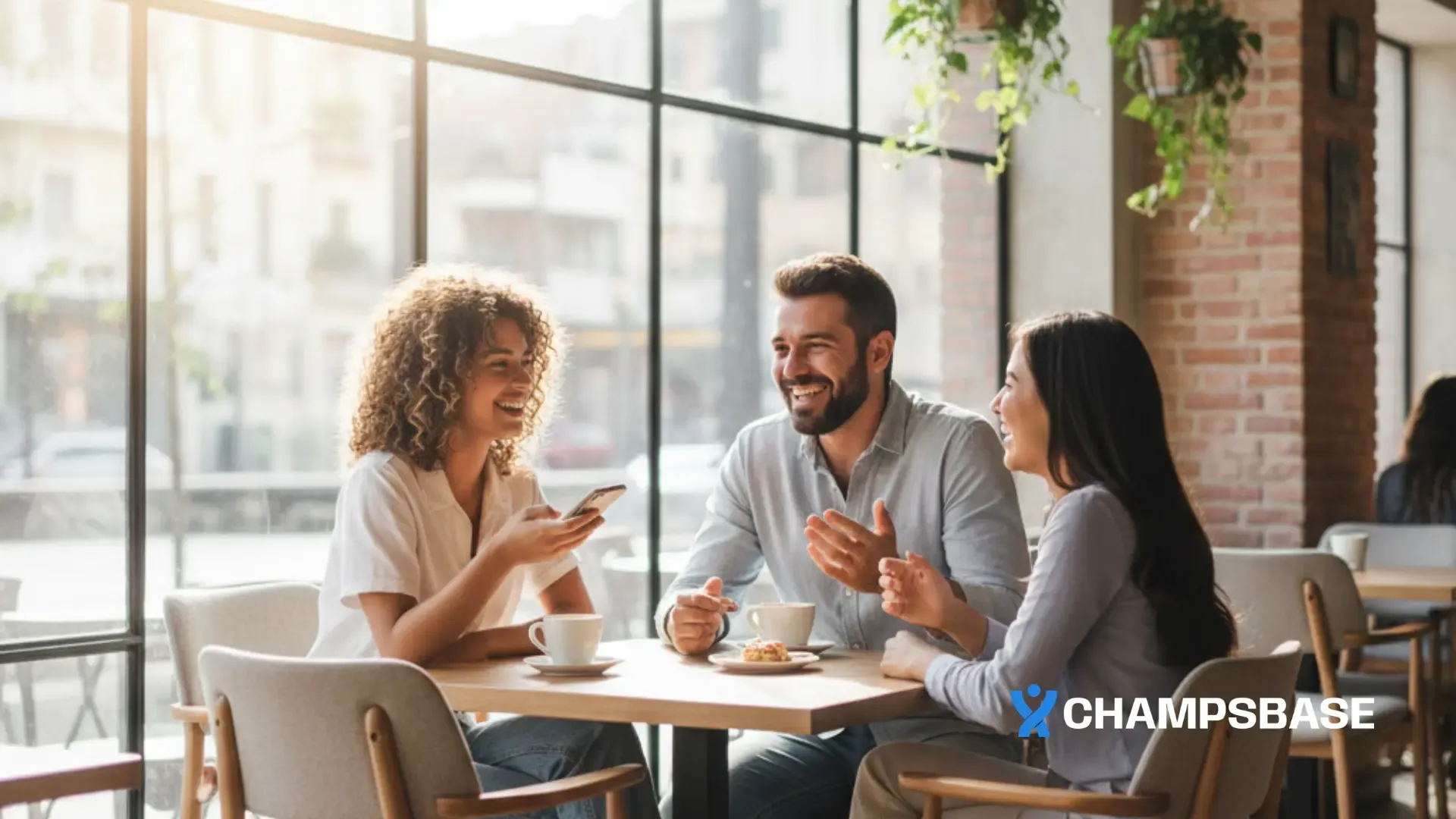 Três pessoas brasileiras conversando e rindo em um café moderno, luz natural e clima social descontraído.