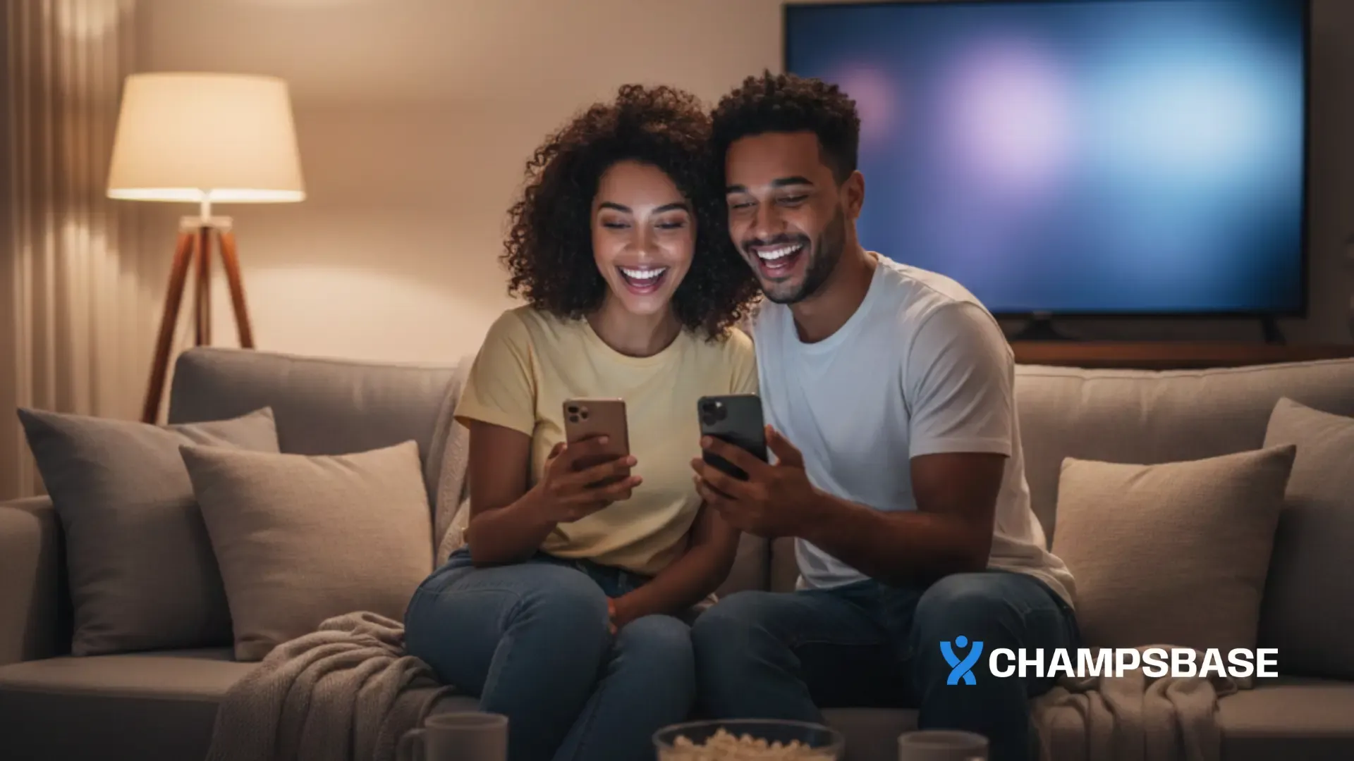 Casal brasileiro sorrindo no sofá de casa à noite, ambiente aconchegante e leve enquanto seguram celulares casualmente.