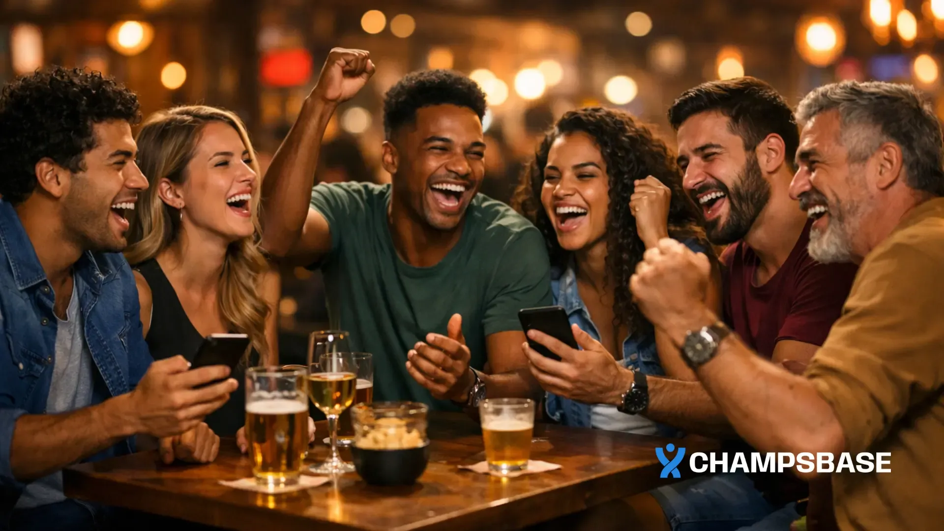 Grupo diverso de amigos brasileiros comemorando animadamente em um bar à noite, clima vibrante e descontraído.