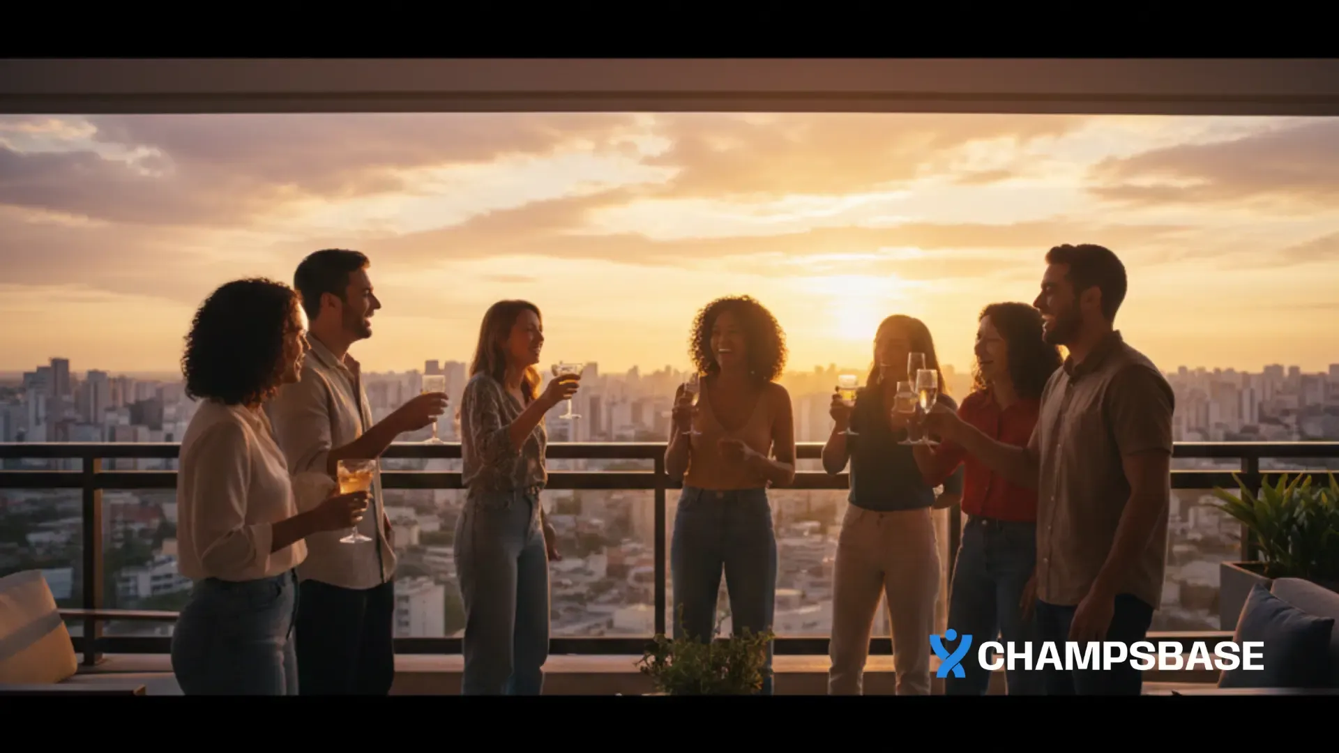 Amigos brasileiros brindando e rindo juntos em varanda com vista urbana iluminada pelo pôr do sol.