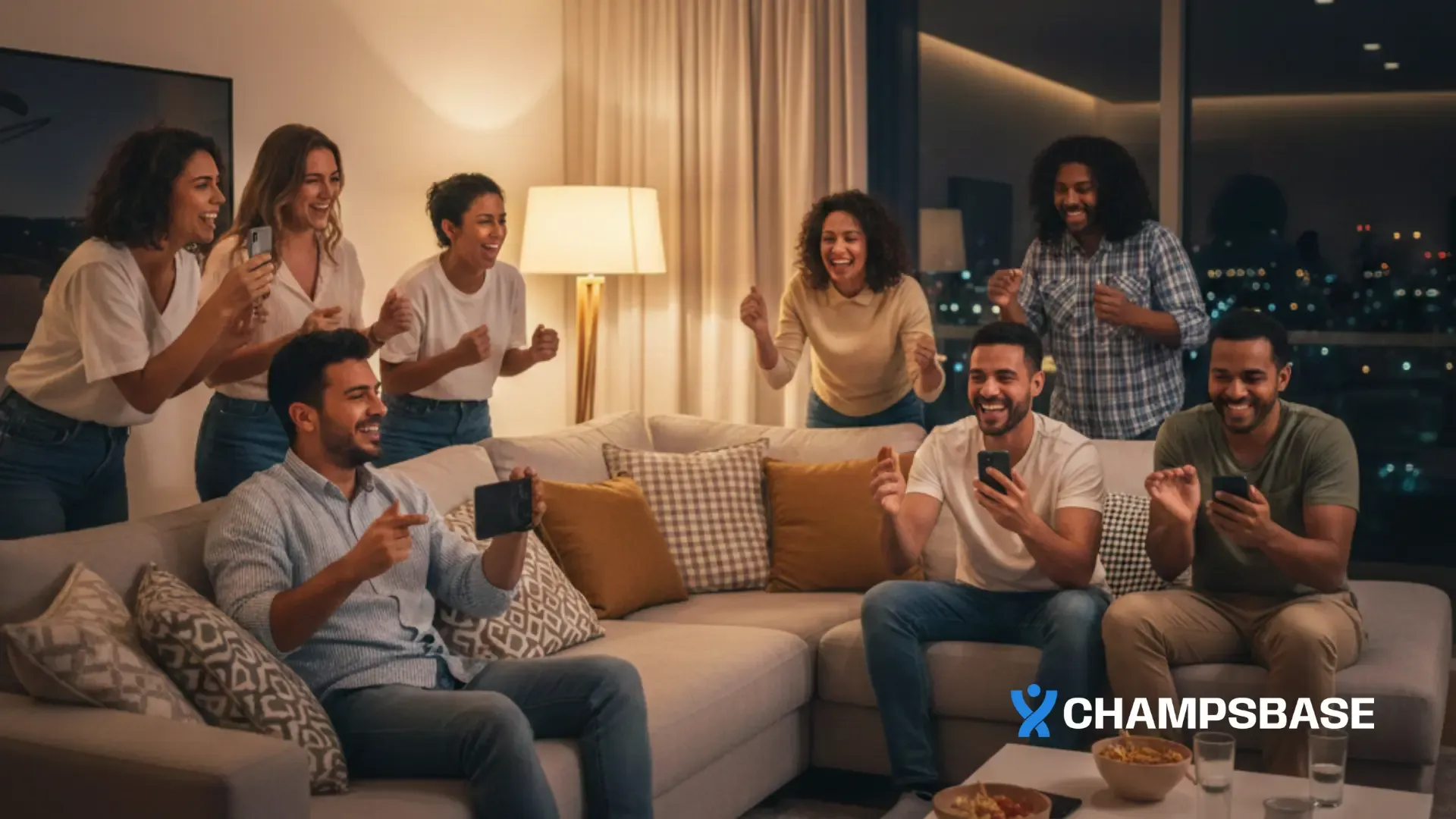 Amigos brasileiros reunidos em sala aconchegante à noite, alguns com celulares, celebrando e interagindo em clima descontraído e caloroso.