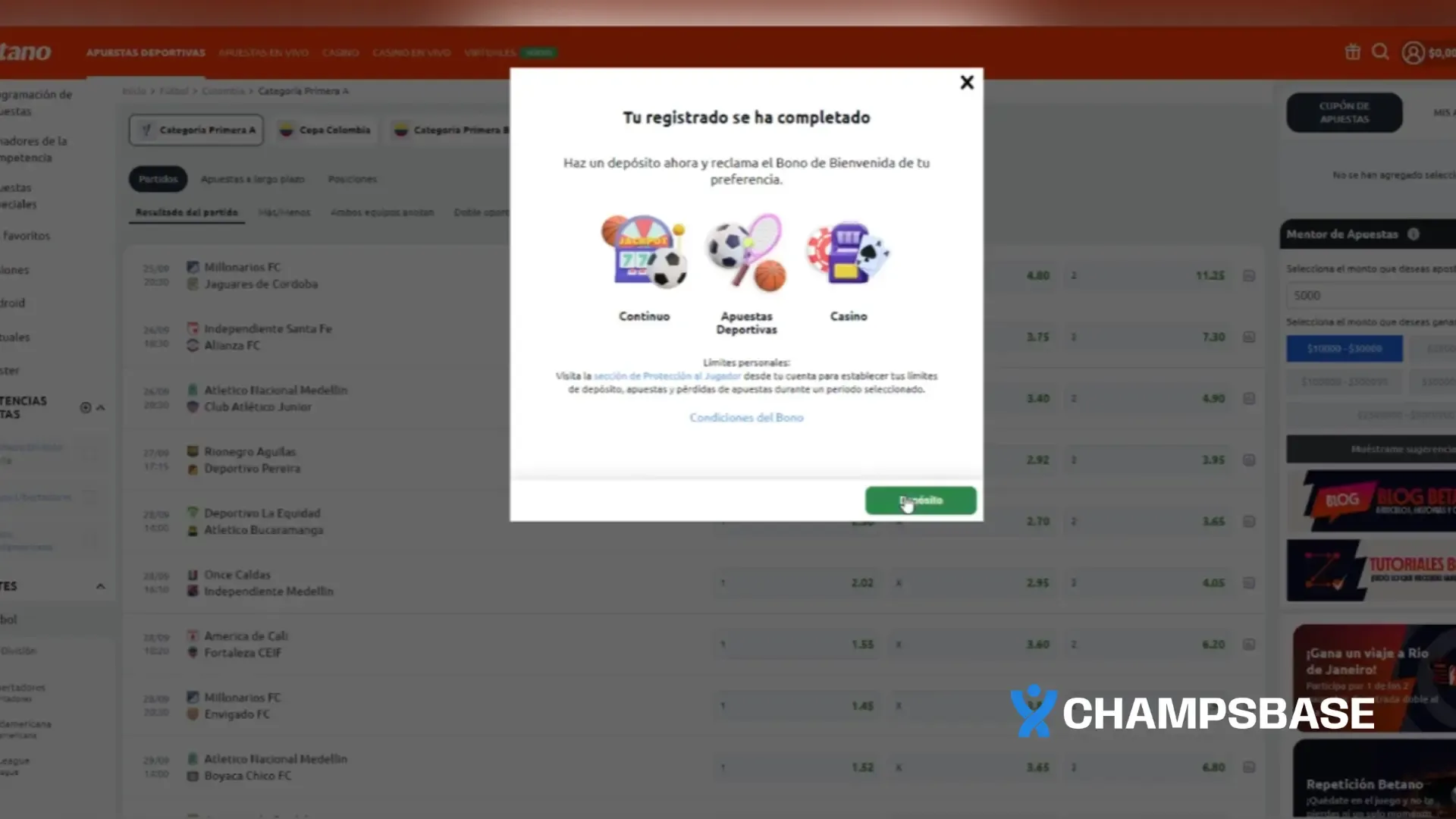 registro completado en betano