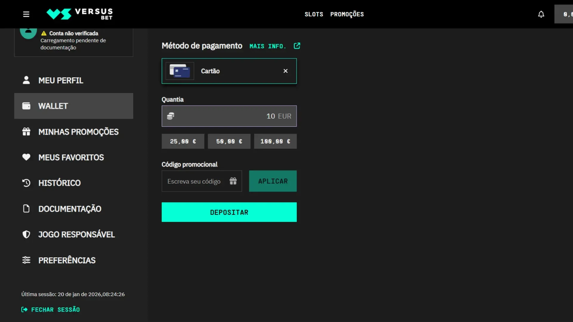 VERSUSBET Portugal depositar