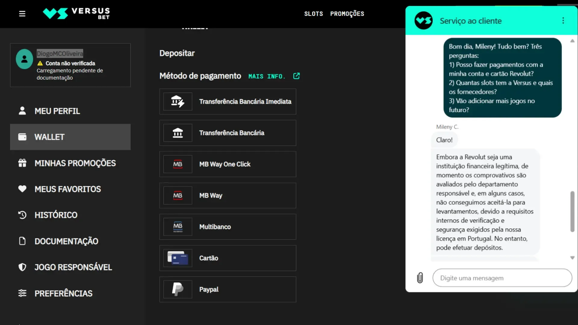 VERSUSBET Portugal servico ao cliente