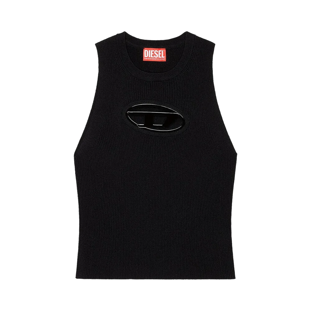 (W) Diesel M-Onerva-Top Cut-Out Knit Top with Logo Plaque Silver Black