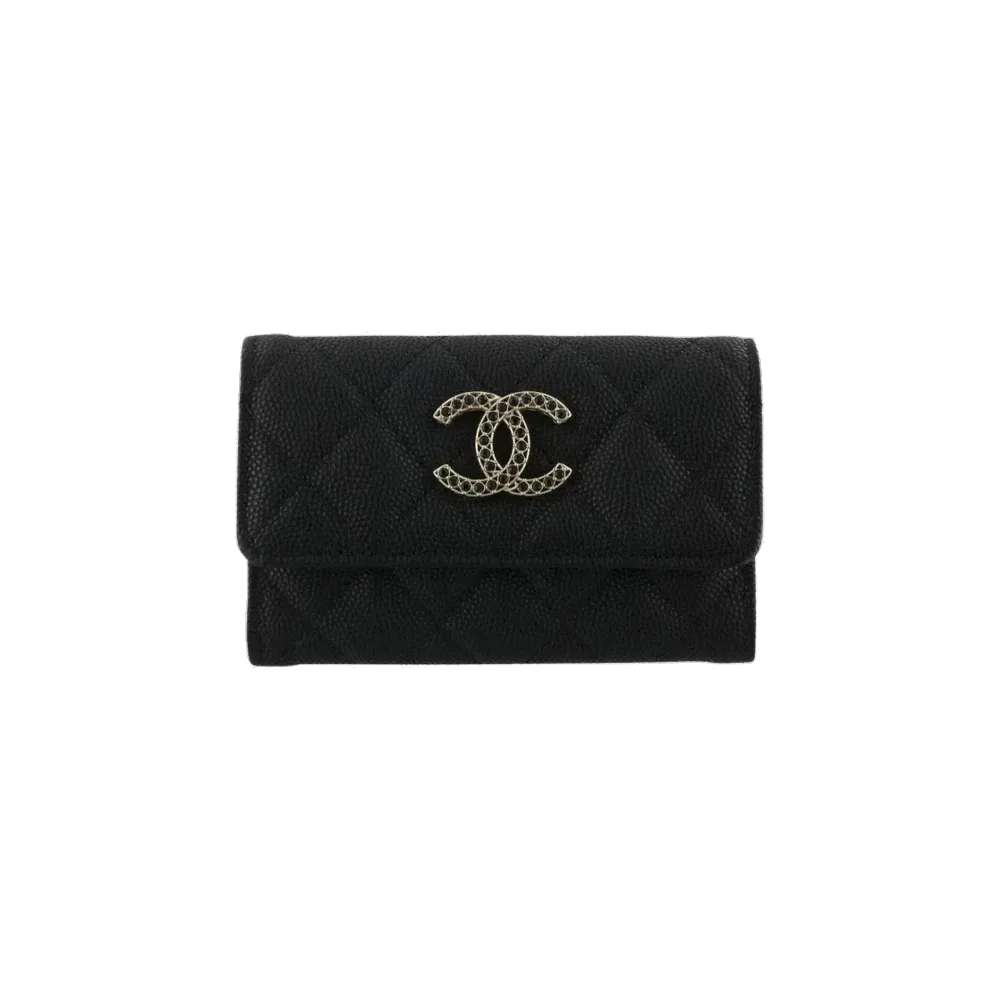 Chanel Flap Card Holder Shiny Grained Calfskin Strass & Gold Black