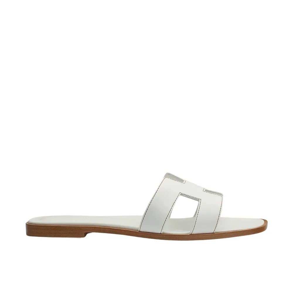 (W) Hermes Oran Sandal Calfskin & Blanc Piqures Havane