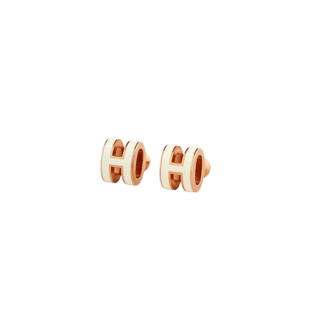(W) Hermes Mini Pop H Earrings Rose Gold & Blanc