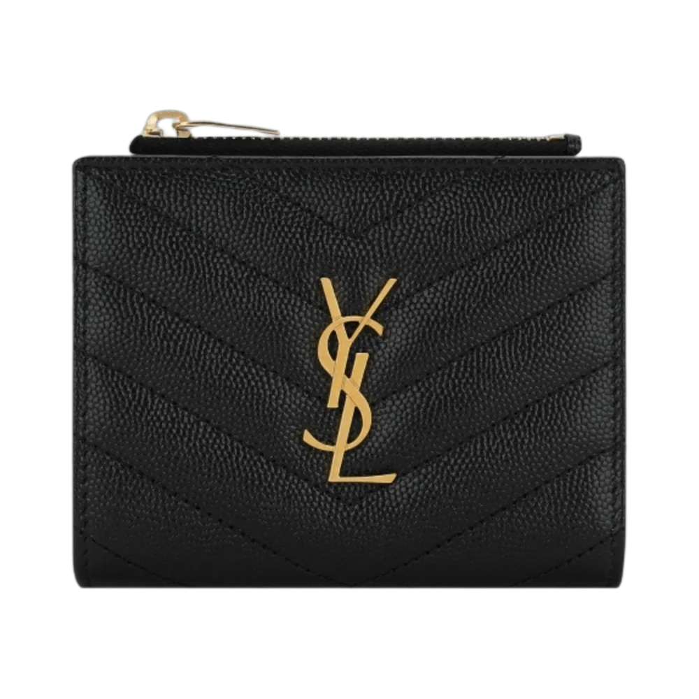 Saint Laurent Cassandre Matelasse Bi-fold Wallet in Grain de Poudre Embossed Leather Black