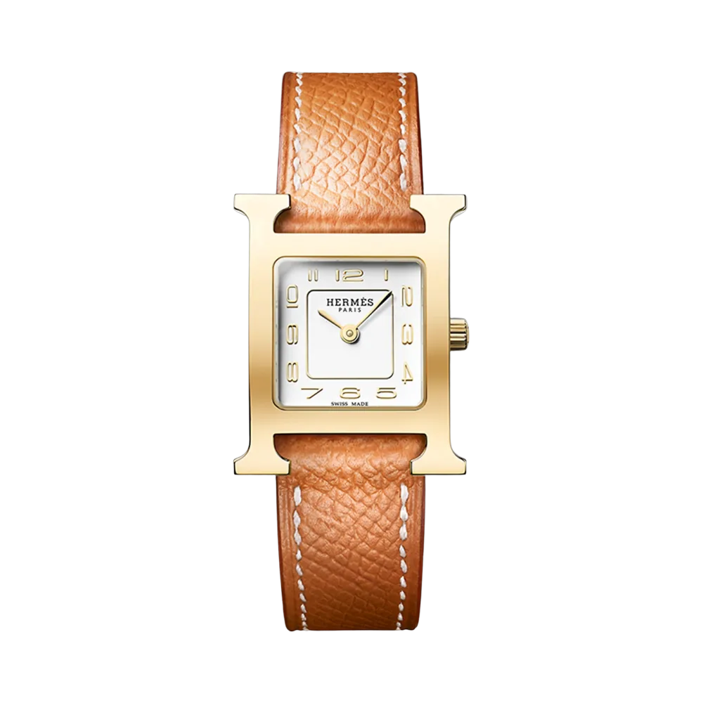 Hermes Heure H Watch Small Gold Chestnut Epsom Calfskin Strap & Yellow Gold Steel