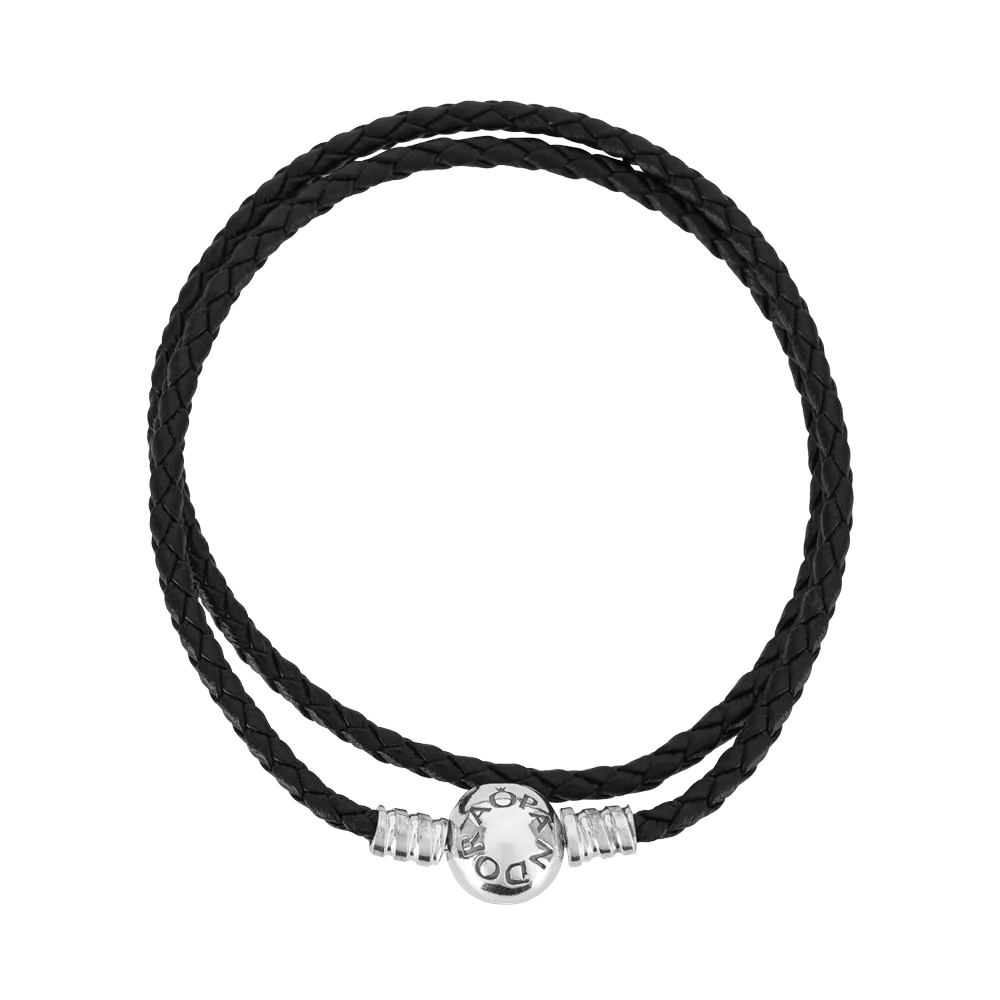 (W) Pandora Moments Double Leather Bracelet Sterling Silver Black