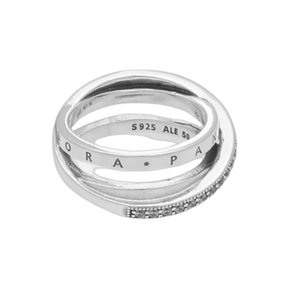 (W) Pandora Crossover Pave Triple Band Ring Sterling Silver Clear