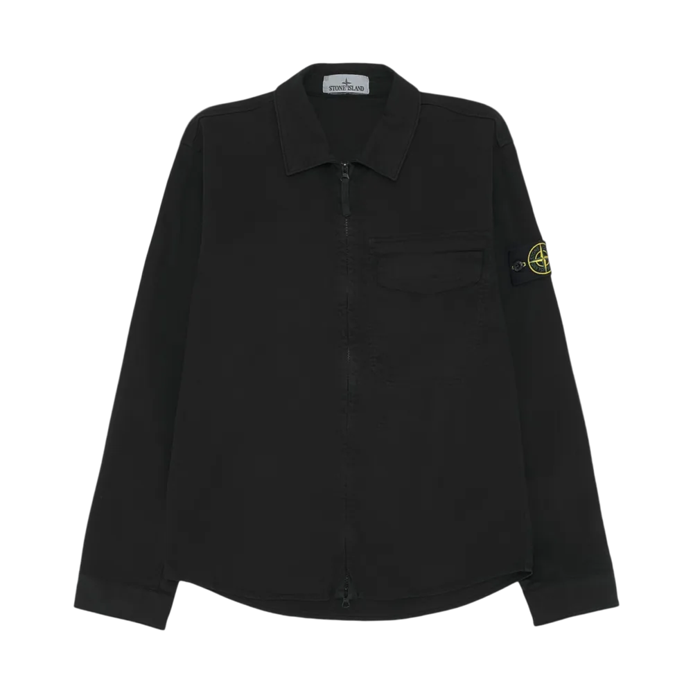 Stone Island 1200015 Stretch Organic Cotton Satin Regular Fit Overshirt with Concealed Zip Black - 26SS