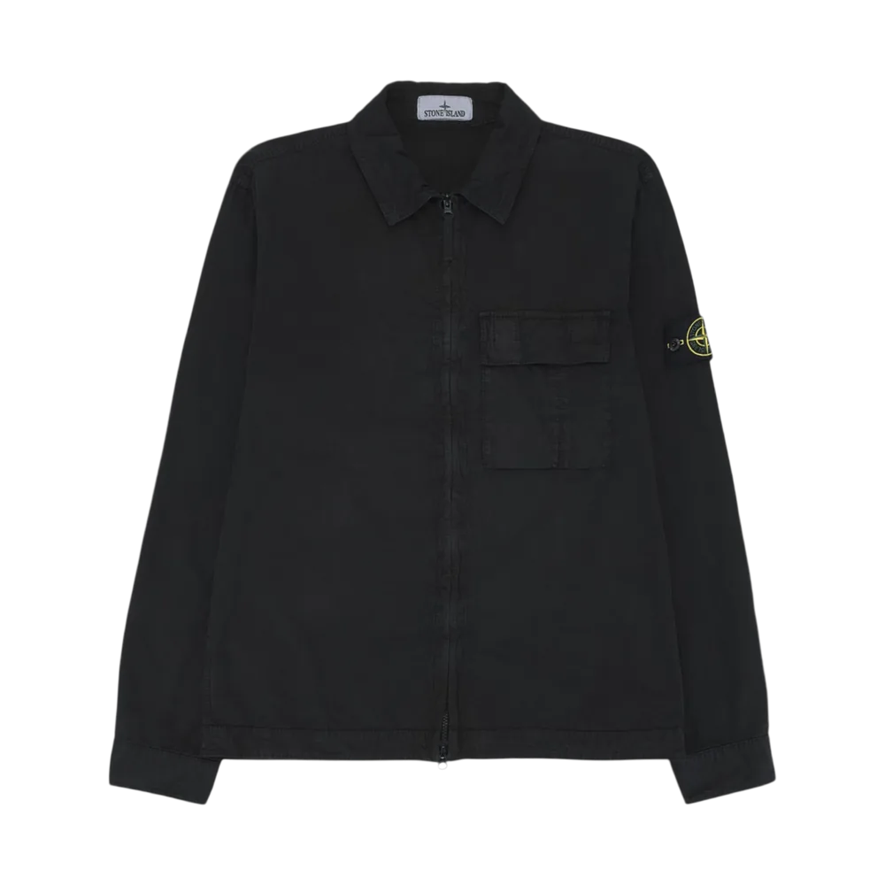 Stone Island 1200008 Brushed Organic Cotton Canvas Old Effect Regular Fit Zip Up Overshirt with Pockets Black - 26SS