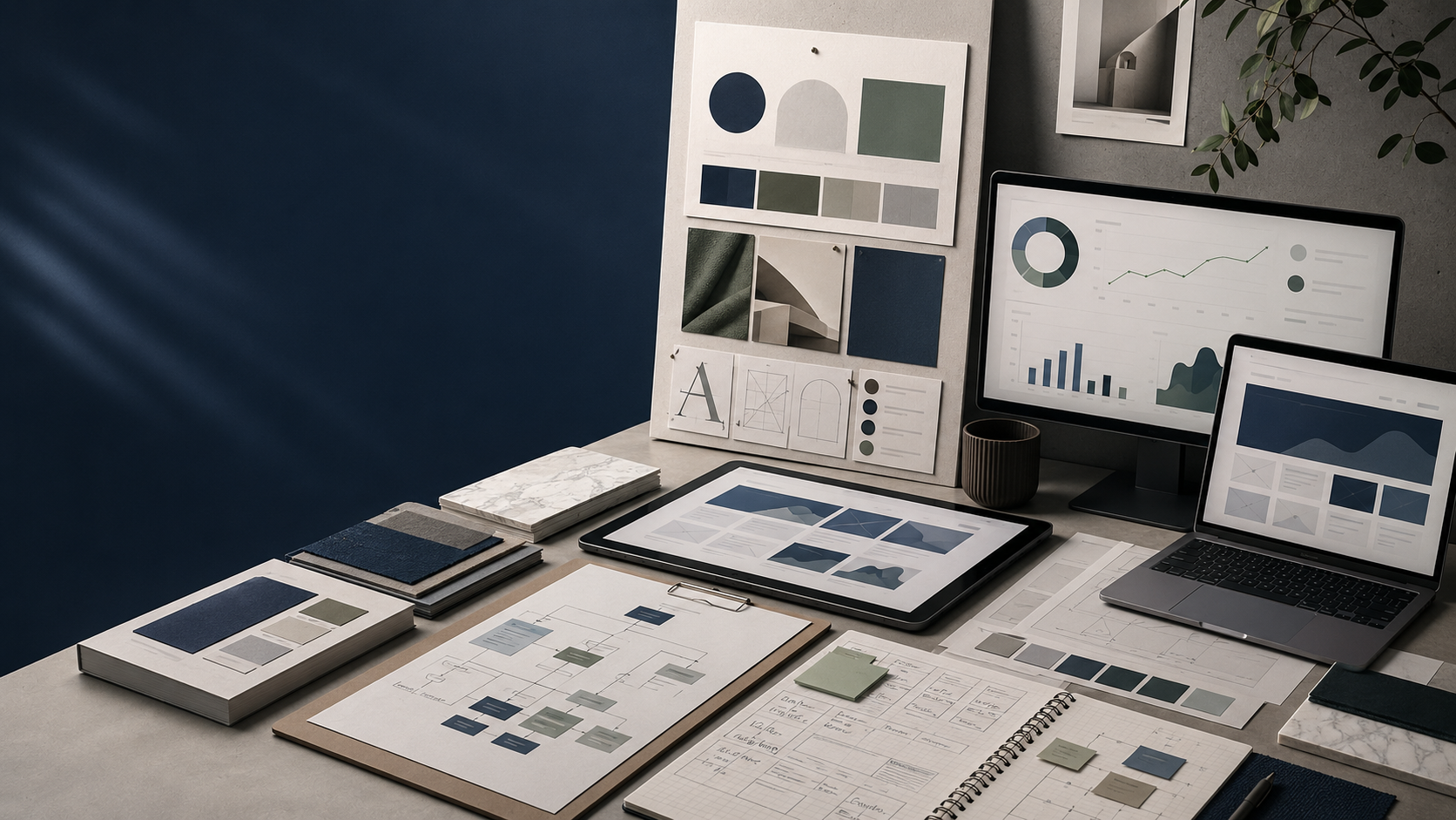Brand system, website planning, and performance dashboards on a creative workspace.