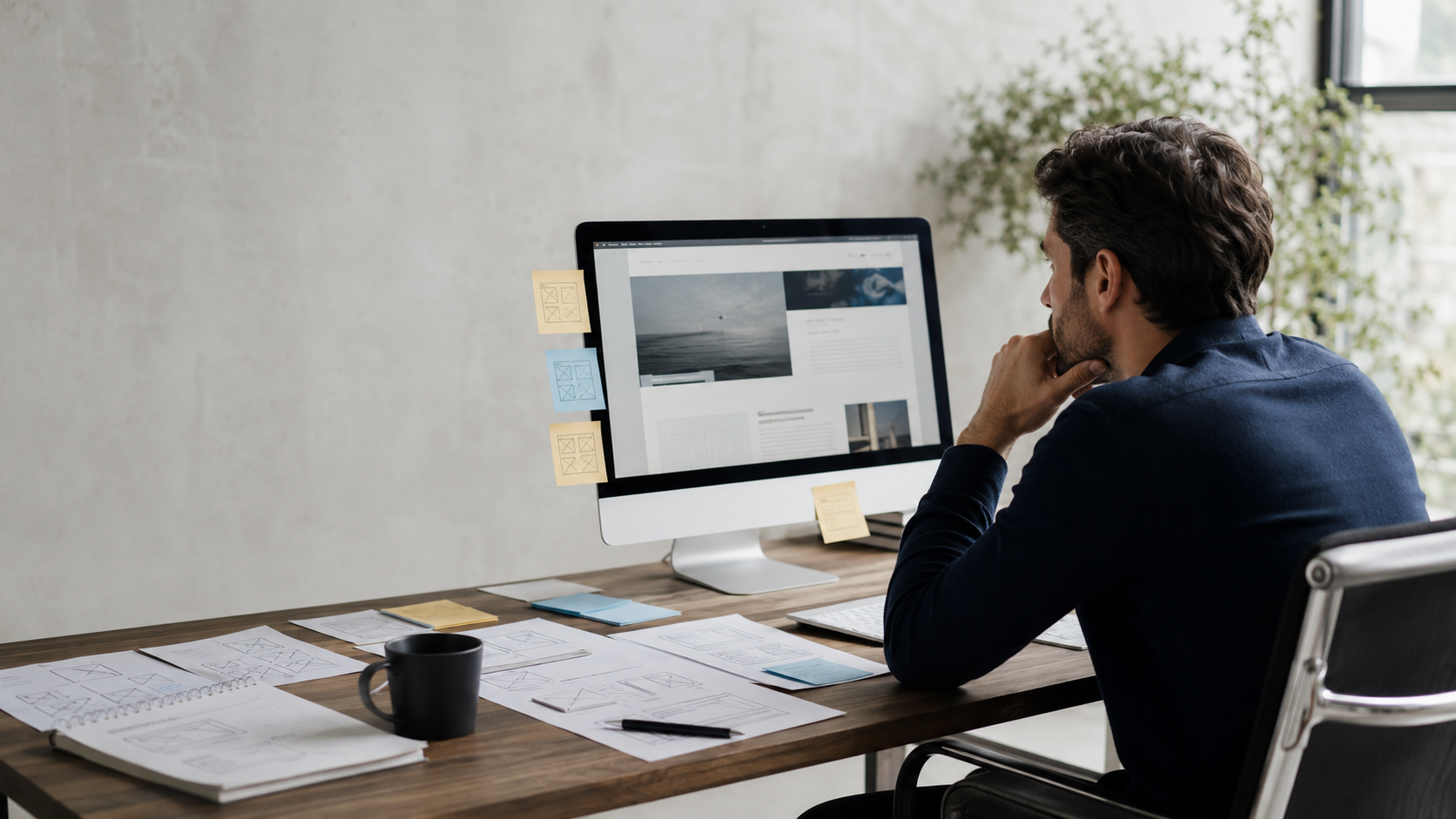 Strategist reviewing website structure and content on a desktop screen.