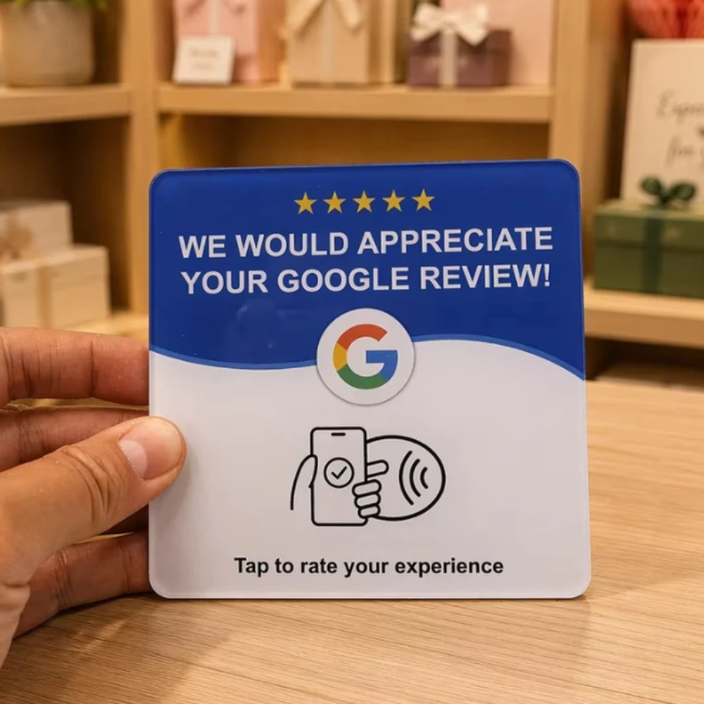 NFC Acrylic Review Card, Tap to Review NFC Sign, QR Code Table Stand for Restaurant, Business and Social Media
